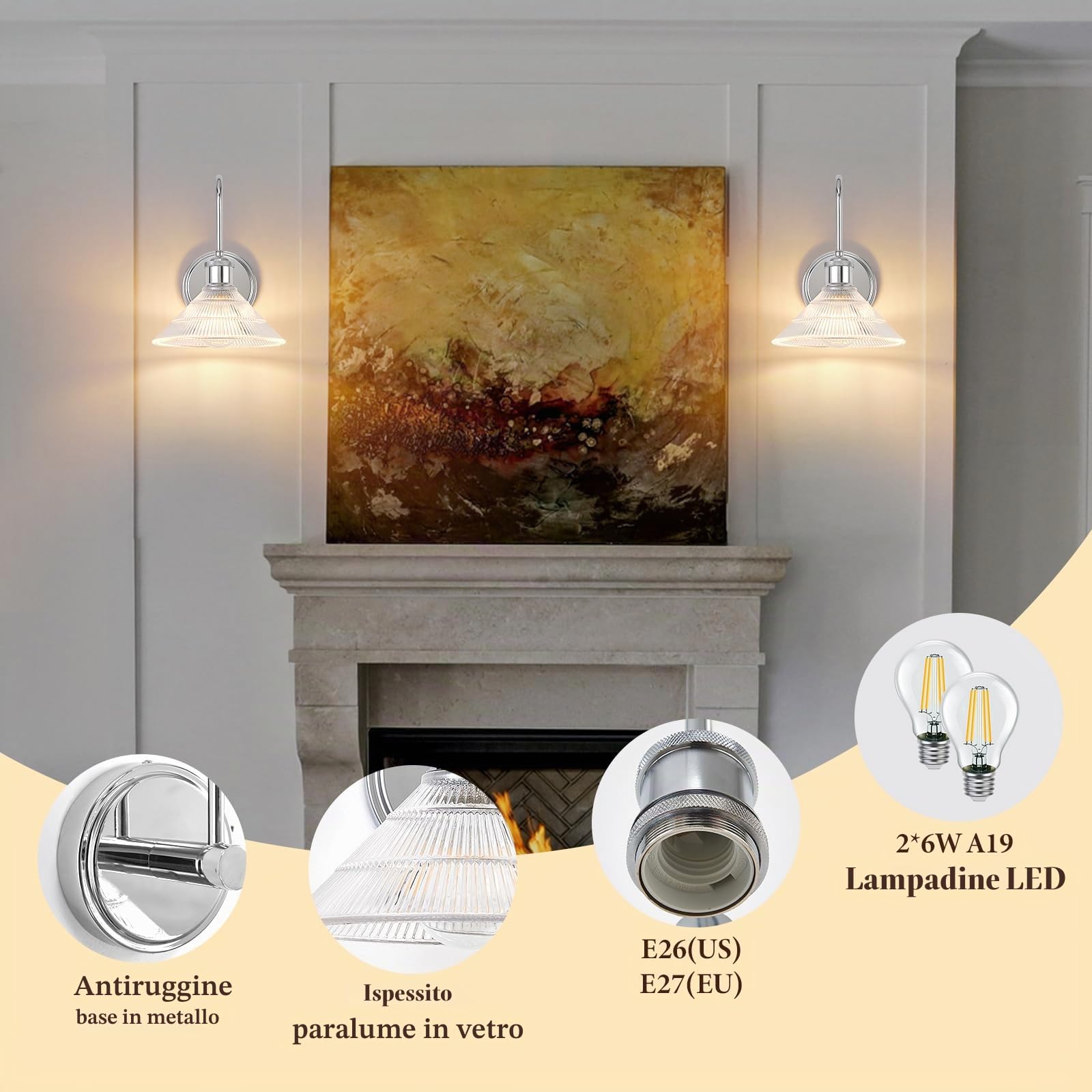 Applique a Parete Set di 2, Lampada Vintage Cromo con Paralume Rotondo in Vetro Trasparente, Plafoniera da Incasso per Camera, Bagno, Soggiorno | Include 2 Lampadine LED
