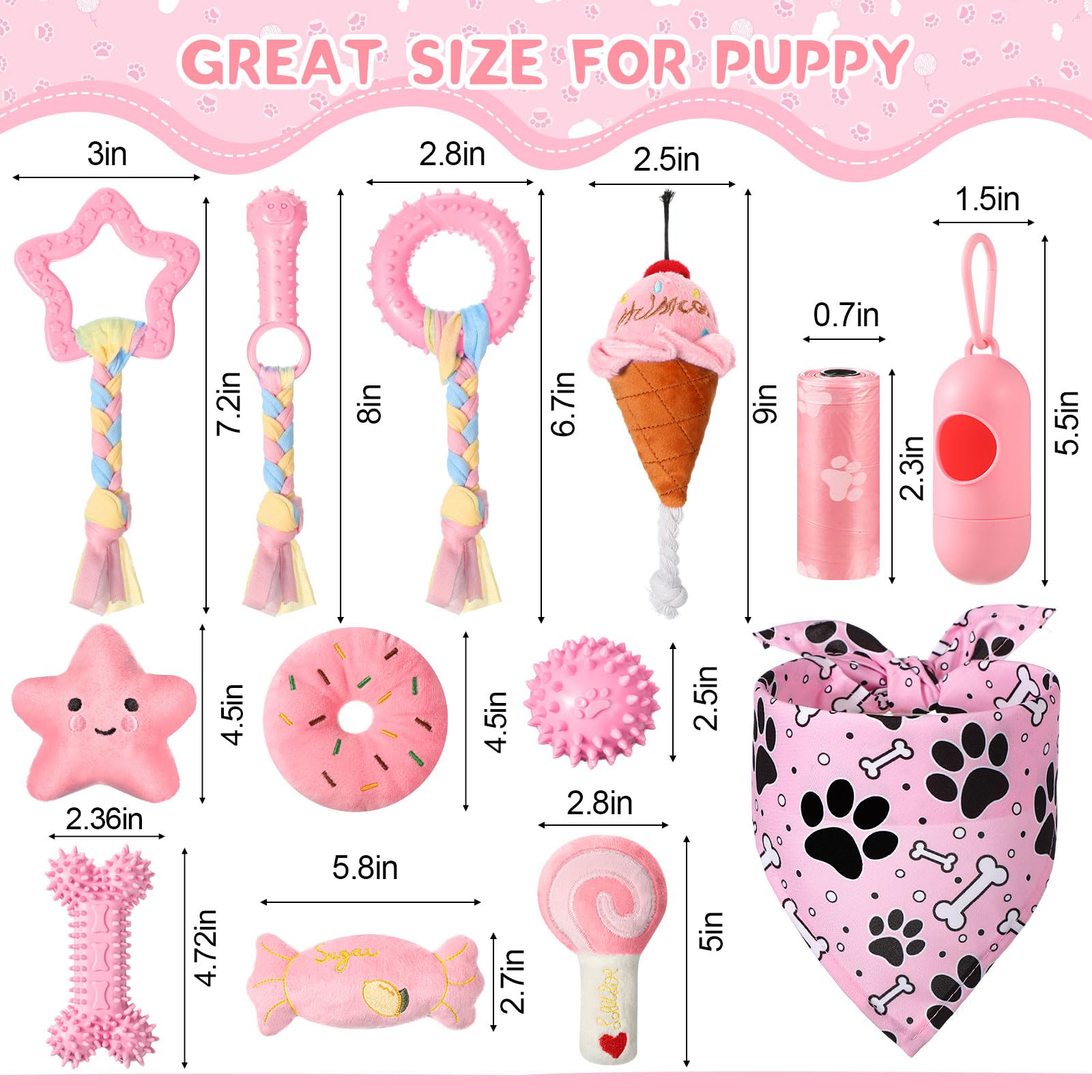 MiniInflat Paquete de 14 juguetes para cachorros para dentición, juguetes masticables para cachorros, perros pequeños, juego de juguetes rosados, lindas bolas de goma suave para limpieza de dientes de