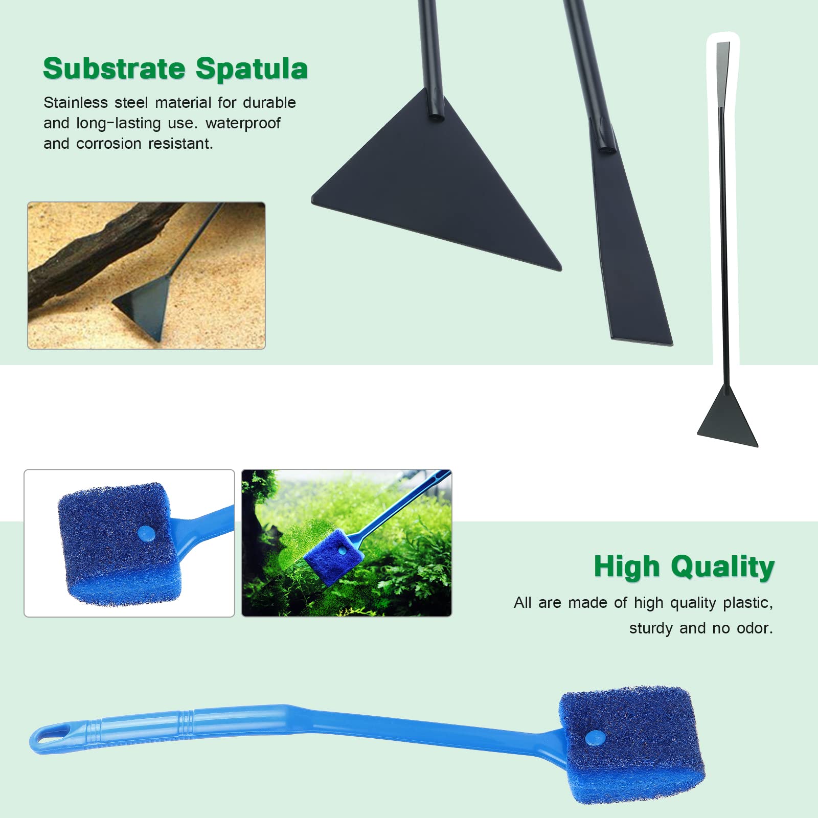 Coolty Kit di strumenti per aquascaping piante acquatiche 7 in 1, pinzetta a forbice in acciaio inox, spatola strumenti per la pulizia dell'acquario, rete da pesca e raschietto per alghe per acquari