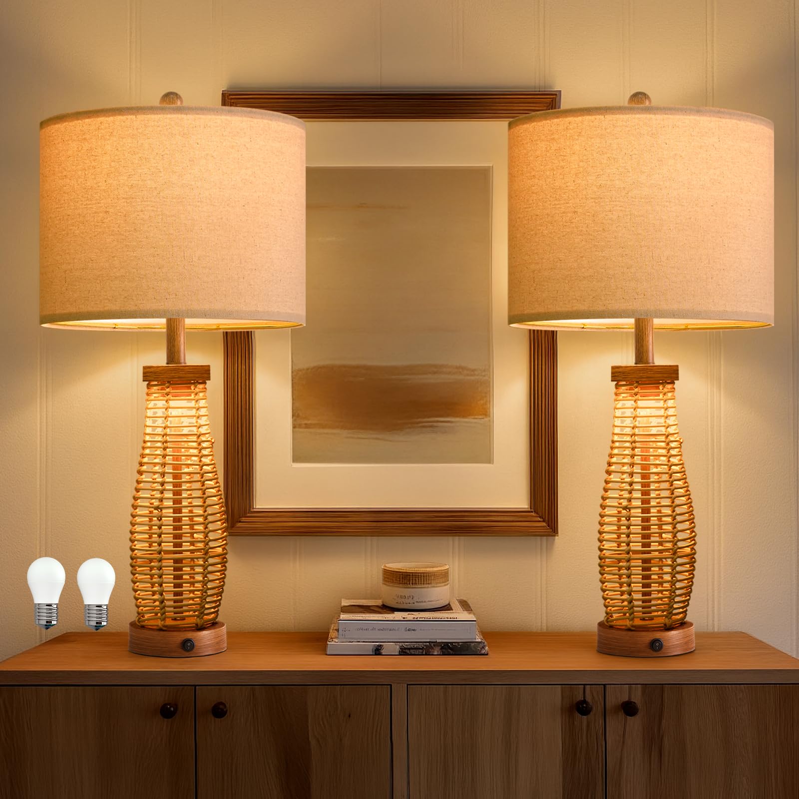 OYEARS 28" Table Lamps Set of 2 with Dual Night Lights, Bedside Lamps for Bedroom, Boho Lamp for Living Room, Rattan Table Lamp with Linen Shade, Farmhouse Lamp with Wood Grain Finish (Bulb Included)