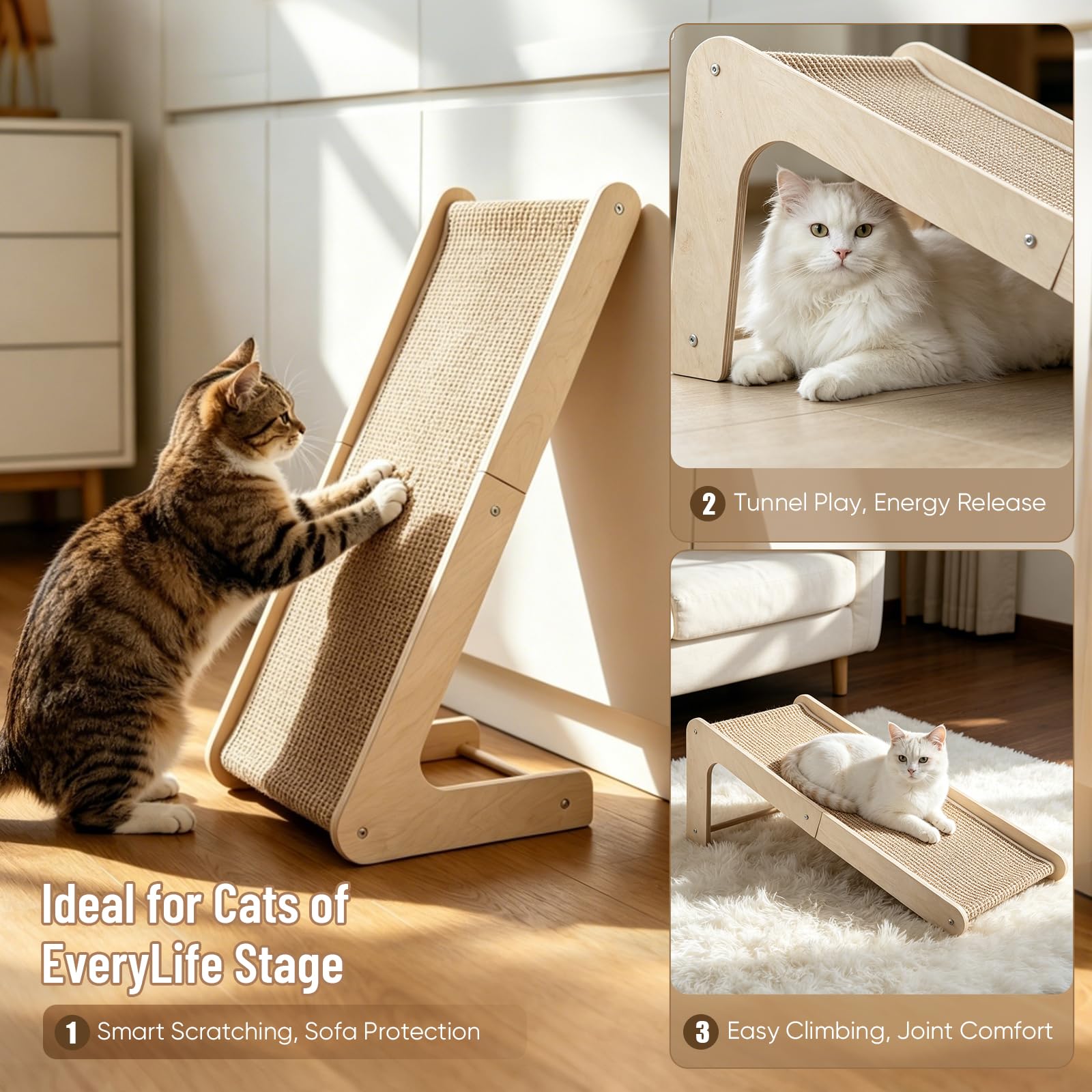 Griffoir pour Chat, Griffoir Incliné en Bois Naturel avec Revêtement Sisal, Griffoir Chat Anti Griffe Canapé, Grattoir Stable pour Chats d’Intérieur, Protège Meubles et Favorise l’Activité Physique