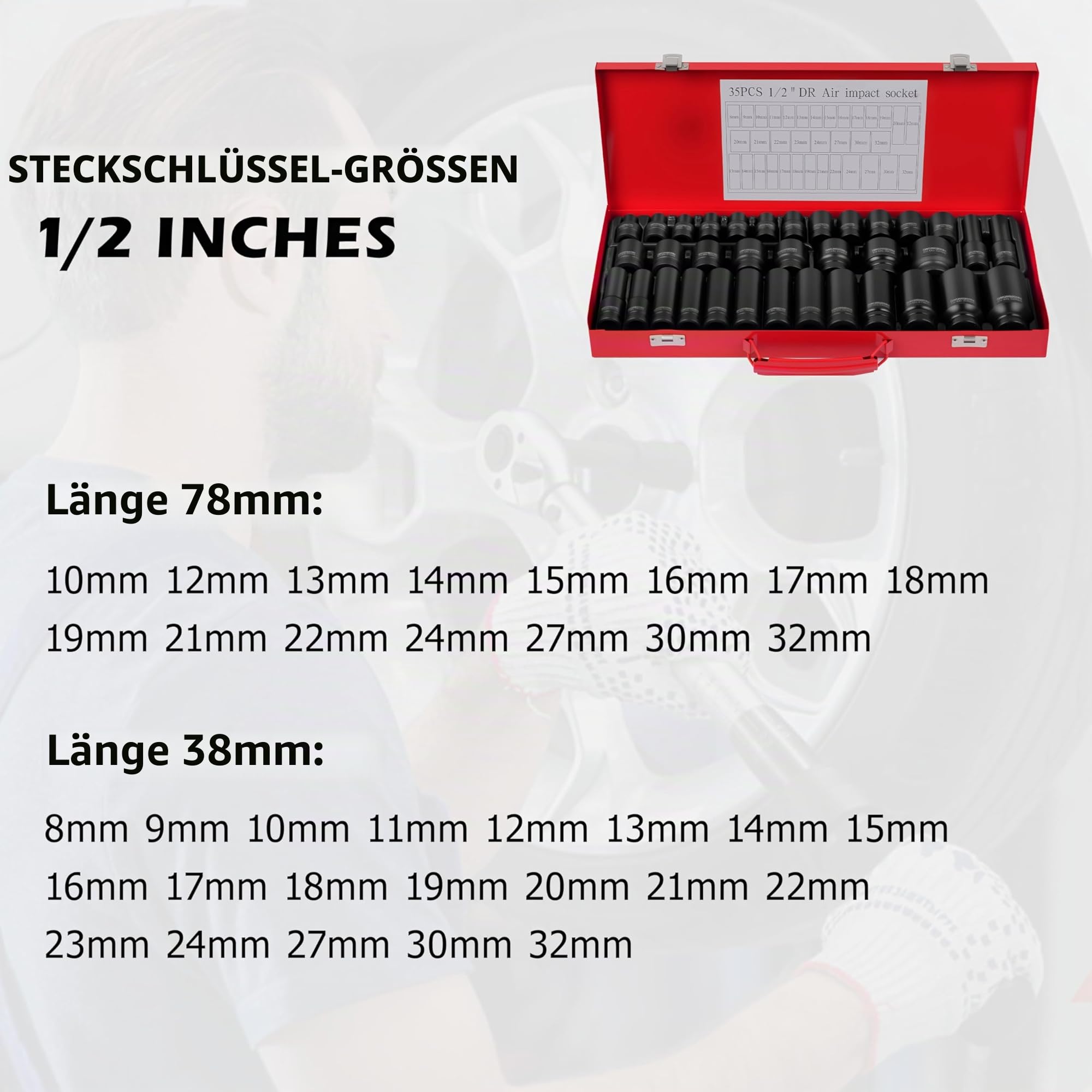 DAYUAN 35tlg 1/2" Schlagschrauber Nuss Set Steckschlüsselsatz 8/10-32mm | Tiefe Cr-Mo Schlagnüsse für den Einsatz mit elektrischen Schlagschraubern, Impact Socket Set 78mm*10-32mm, 38mm*8-32mm