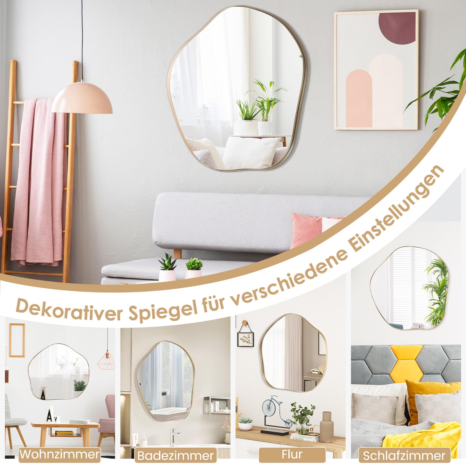 NORTH KAISER Asymmetrische Spiegel | Wandspiegel Met Onregelmatig Houten Frame | Moderne Touch Voor Badkamer, Woonkamer, Kantoor en Mid-Century Interieur (Messing, 120 x 60 cm