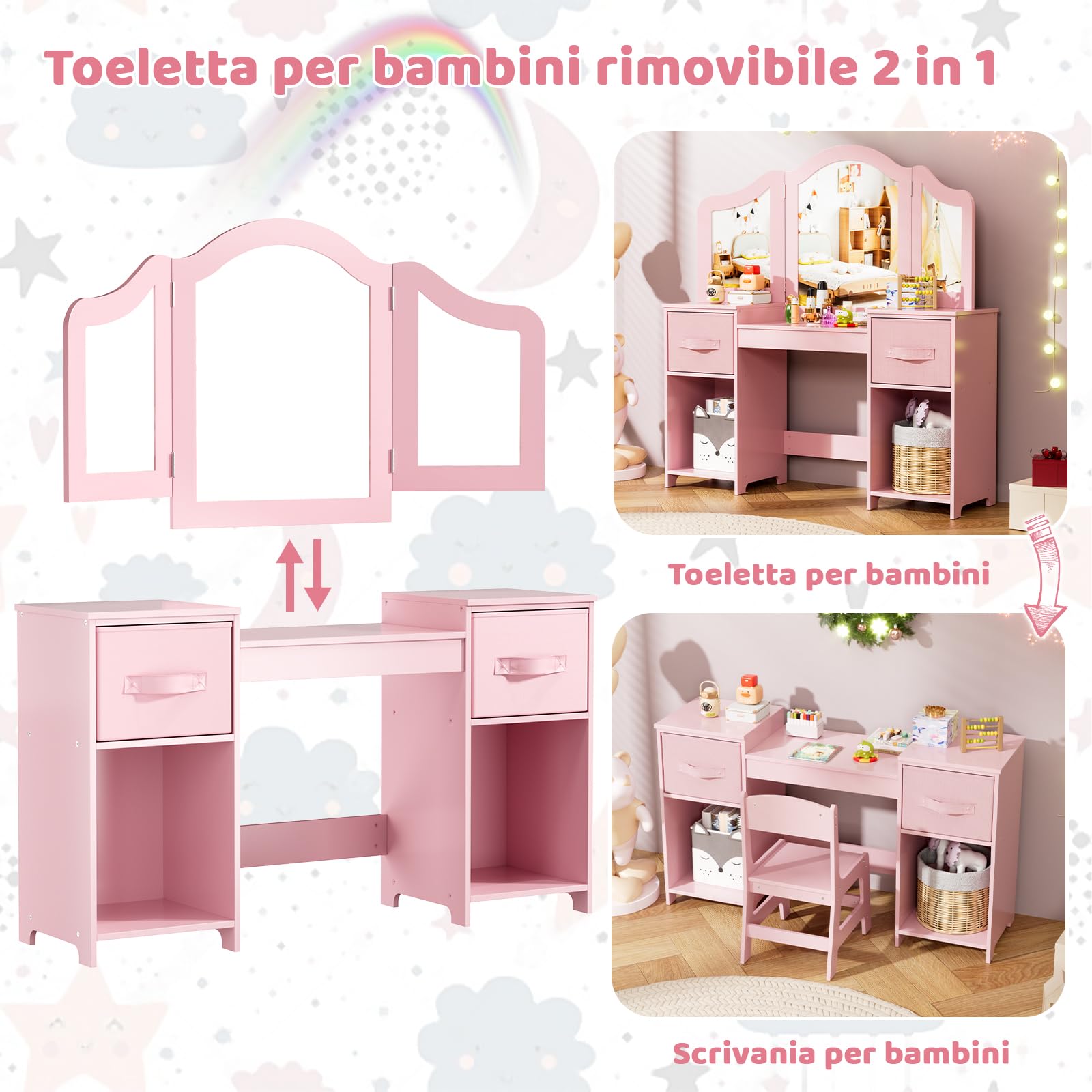 MAMIZO Toeletta Trucco Bambina 2 in 1, Toeletta per Bambi con Specchio Rimovibile, Sgabello, 2PCS Cassetto in Tessuto, Scrivania per Bambini, 108x30x114 cm, Rosa