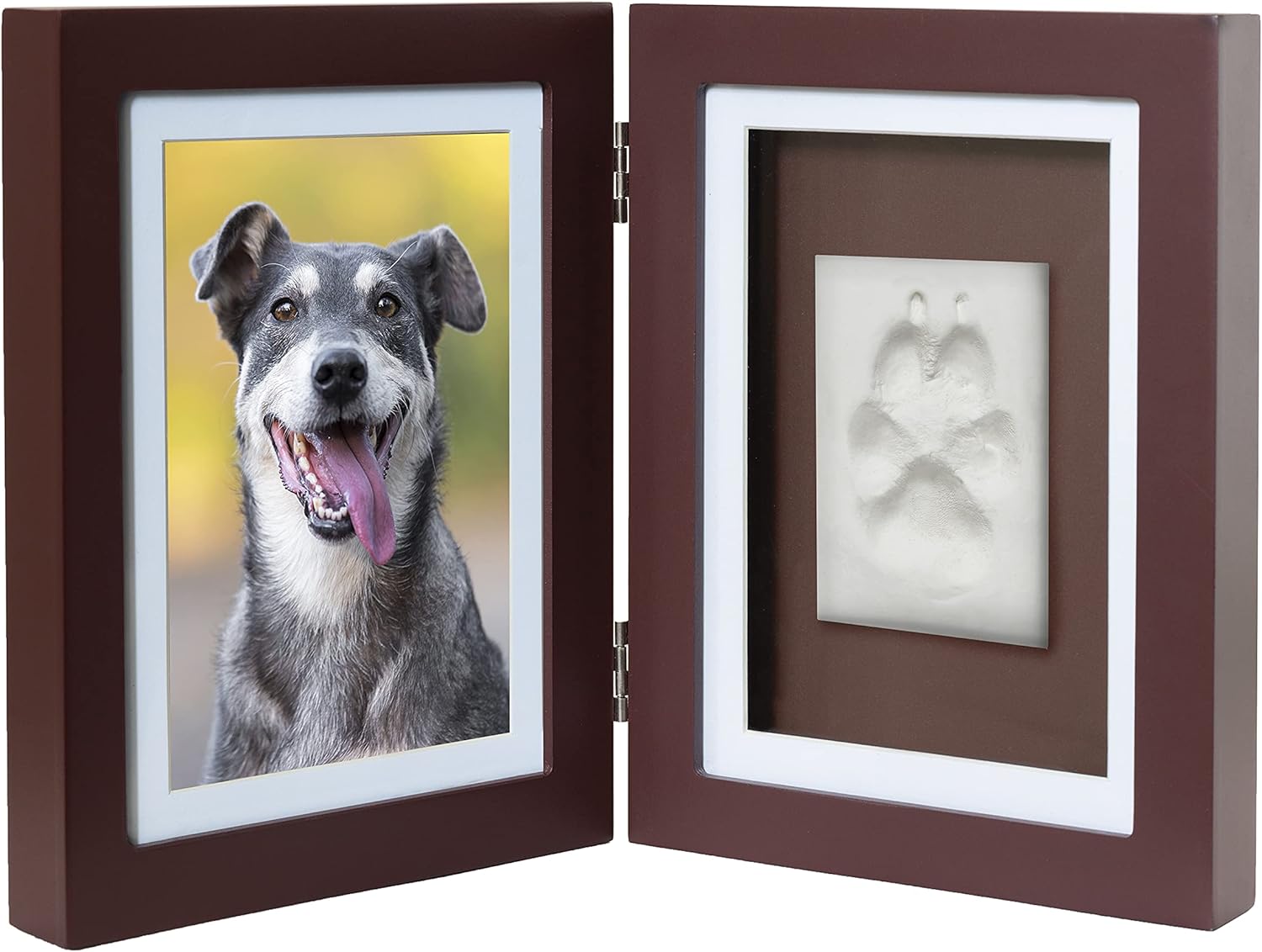 Better World Pets Paw Print + Photo Keepsake Frame Holds 4 x 6 inch or 5 x 7 Picture – Memorial Clay Imprint Kit – for Dogs and Cats – Perfect for Pet Lovers – Hinged for Desktop, Brown