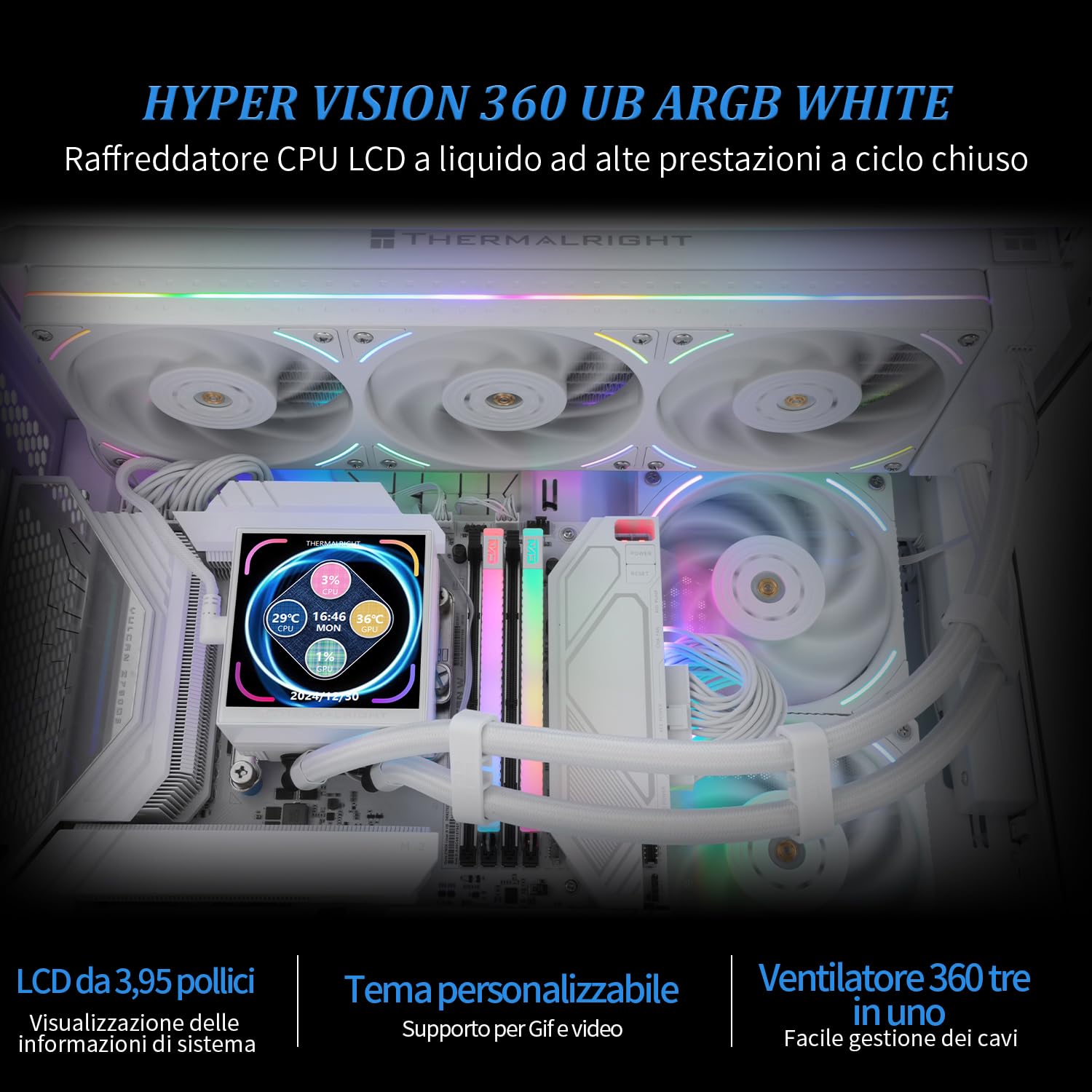 TR Hyper Vision 360 UB ARGB Blanco AIO Enfriador líquido para AM5/Intel LGA1851/1700, pantalla LCD absorbente magnética de 3,95 pulgadas
