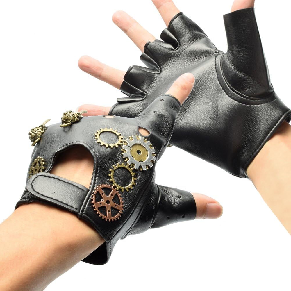 BLESSUME Gothic Punk Fingerless Gloves Gears Mittens