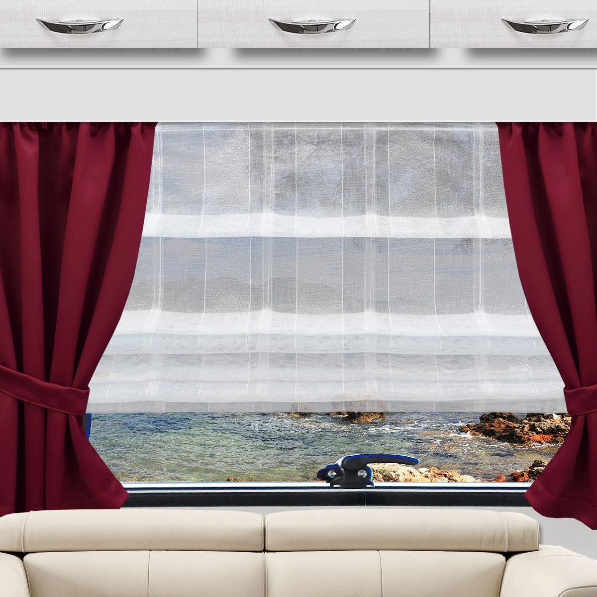 Raffrollo TORVI weiß mit Streifen-Optik Raffstore für Wohnmobil und Caravan Fertiggardine inkl. PVC Flachprofil Höhe 56 cm, Breite wählbar