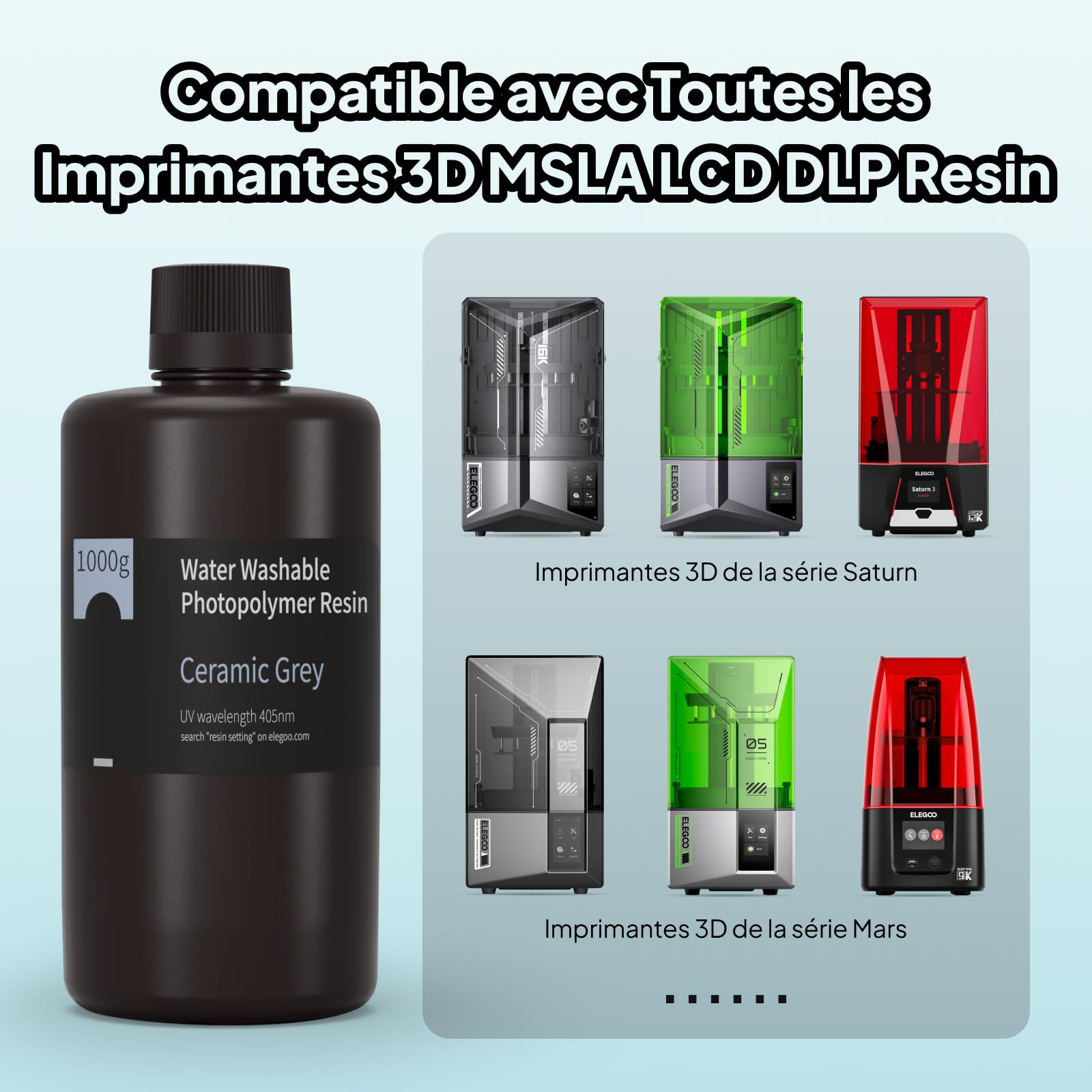 ELEGOO Résine Lavable à l'Eau pour Imprimante 3D 1000g Gris, Résine Photopolymère à Nettoyage Facile, 405nm Durcissement UV Rapid Water Washable Resin pour LCD Impression 3D Printer