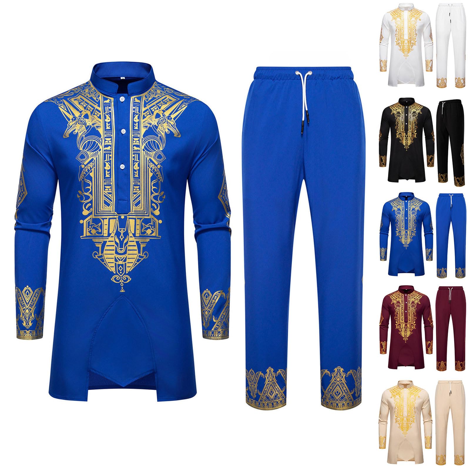 Uomo Middle East Thobe Con Pantaloni Alla Moda Costume Ricamo Stampa 2 Pezzi Vestibilità Normale Vestito Vestiti Costume Islamico Casual Loose Dubai Arab Caftano con Coulisse Elastico