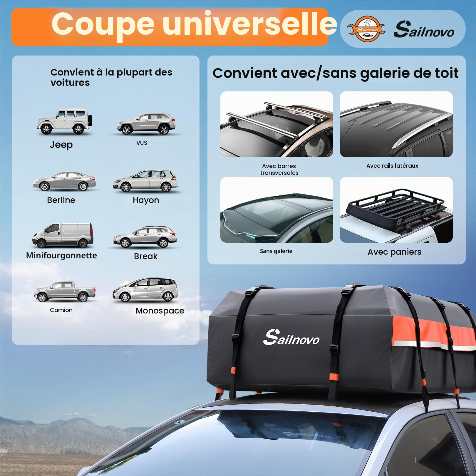 Sailnovo Coffre de Toit de véhicule Étanche Sac de Toit Voiture pour Voyage Résistant aux Intempéries avec Tapis Antidérapant, 6 Crochets de Porte et Cadenas à Combinaison, 590L 1000D PVC