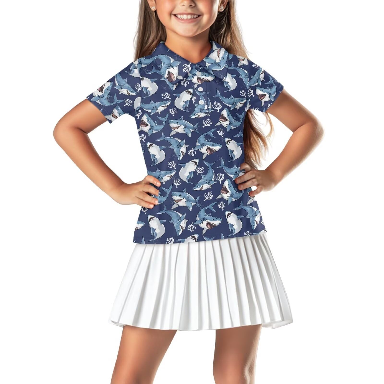 Xpyiqun Funny Shark Golf Shirt for Girls 13-14 Cute Short Sleeve Uniform Summer Moisture Wicking Golf Attire Activewear Kids Collared Tennis Tshirts Novelty Graphic Pullover Tops School Clothes