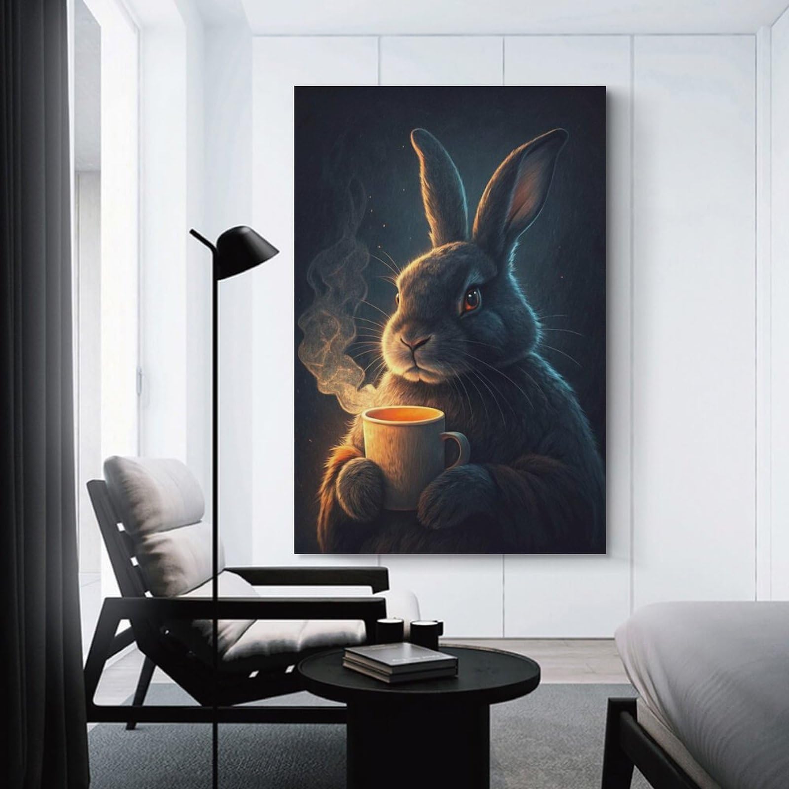 Junmoney Unframe-Style-10 Bunny With A Hot Drink Home Decor Wall Art, 24X36inch(60X90cm), For Work Areas, Reading Rooms Or Studios, An Interior Accent For Desk Areas