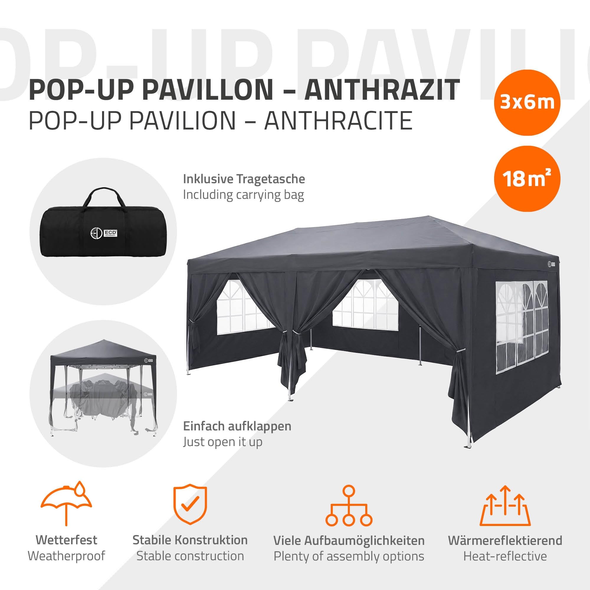 ECD Germany Tonnelle de Jardin Pliante 3x6 m Imperméable, Barnum Pliant Pop up avec 6 Parois Amovibles, Protection UV 50+, Sac de Transport, Tente de Réception Gazebo pour Patio Camping, Anthracite