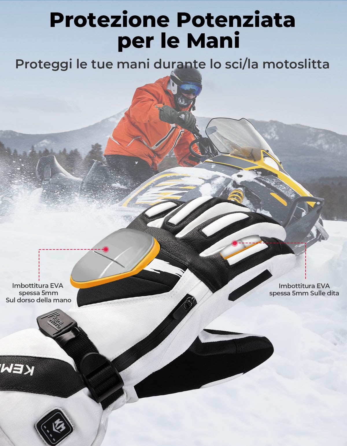 KEMIMOTO Guanti Riscaldati Uomo Donna con Protezione in EVA, Ricaricabili Guanti Invernali Termici da Sci con 7.4v 2500 mAh, Adatti da -20°C a -5°C, Ideali per Motoslitta Escursionismo Ciclismo