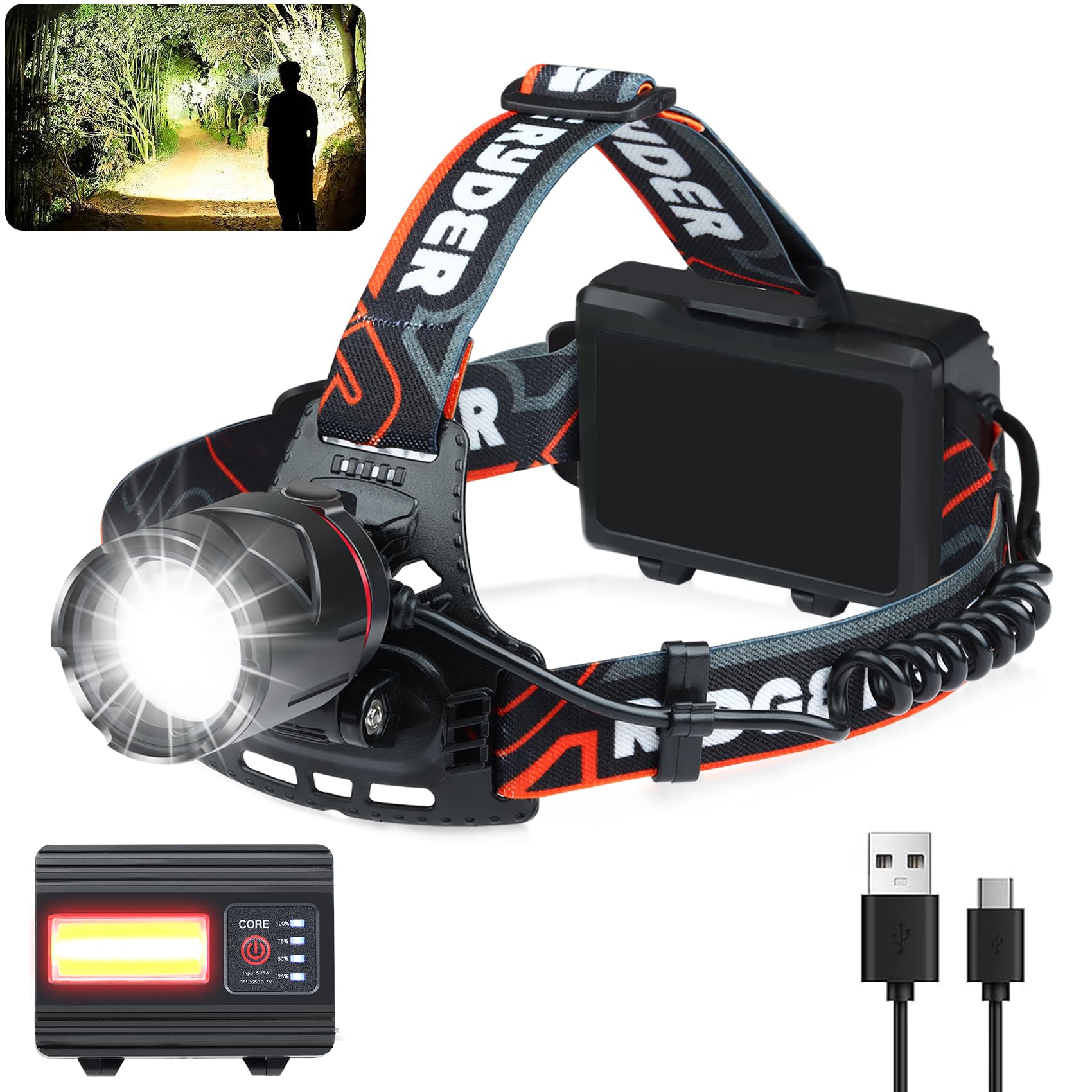 Foleto Lampe frontale rechargeable, alimentée par batterie, super lumineuse 3000 lumens avec 3 + 4 modes, étanche, zoomable, réglable à 135° pour l'exploration en plein air, le cyclisme, la pêche, etc