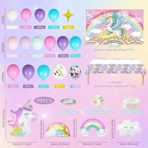 Miniatura 2 de Decoraciones de fiesta de cumpleaños de unicornio para niñas, 119 piezas de suministros de fiesta de unicornio para niñas, kit de guirnalda de