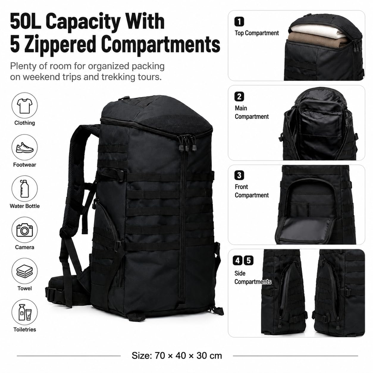 MMOBIEL Zaino Trekking 50L – 5 Tasche & Cintura Lombare – Di Northstrong | Nero – 70 x 40 x 30 cm – Resistente all'abrasione & Telaio Interno – 1.3 kg & 50L di Capacità – Per Viaggi & Outdoor