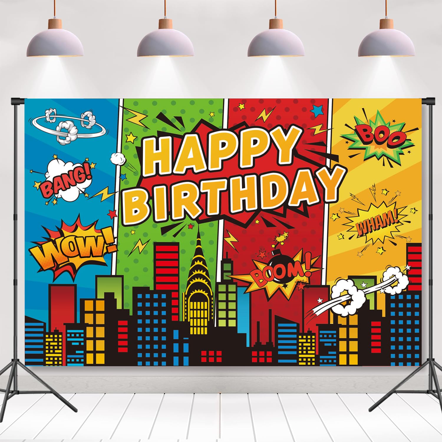 7x5ft Cartoon Super City Backdrop Superhero Birthday Theme Decoration Banner for Children Boys Heros Comic Party Decorations Urban Cityscape Night
