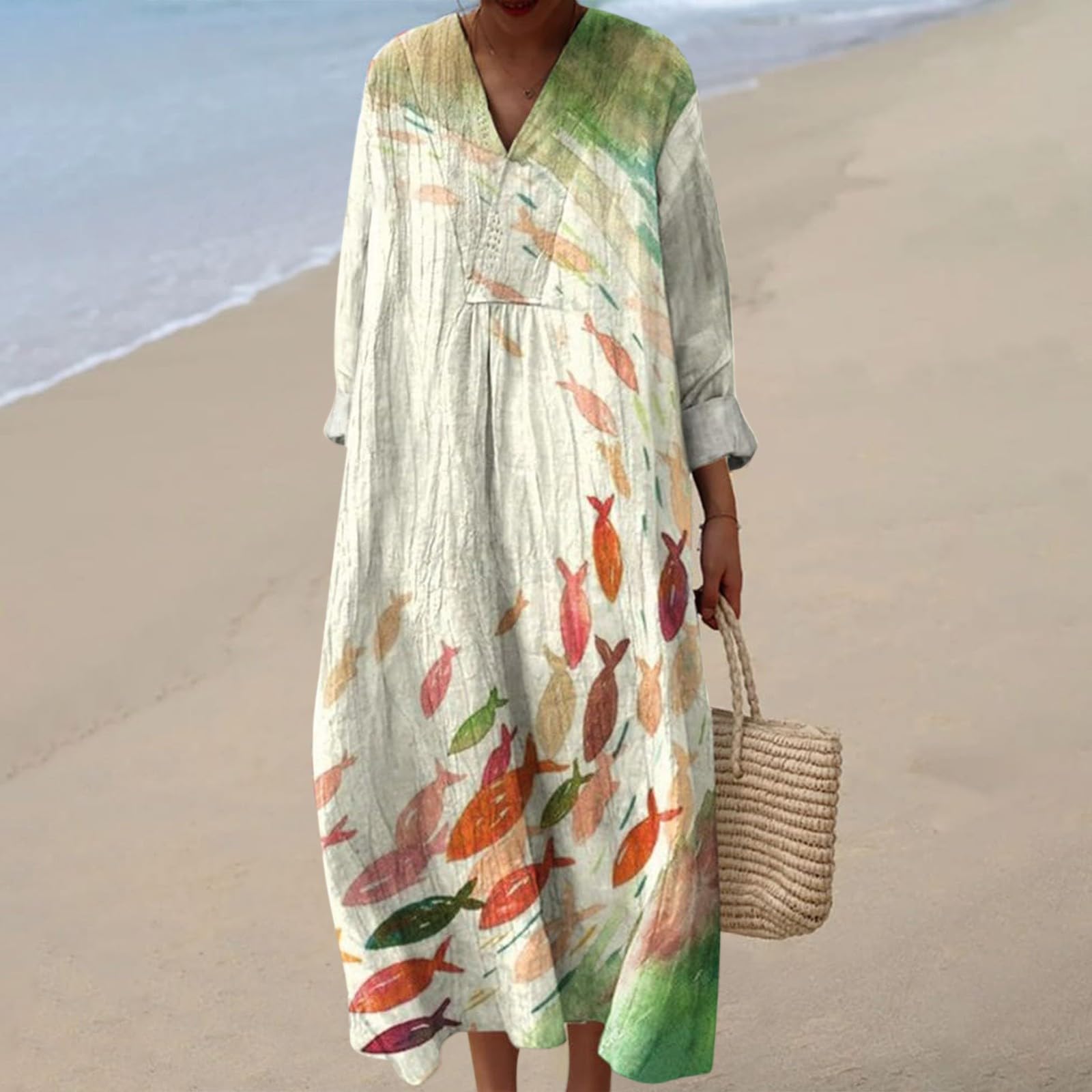 Abito Lungo Donna Elegante - Abito Cotone Manica Lunga Vestito Scollo A V