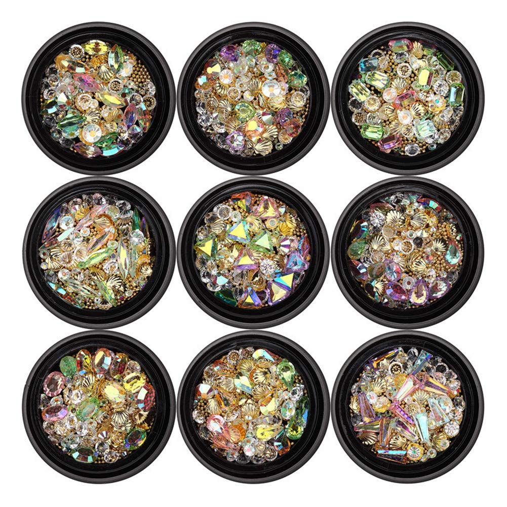 CHIVENIDO 3D Nail Art Stones Kit（9 boxes）,Shiny Acrylic Diamonds Design Nail Art Stampings,Japanese Style Metal Shell Nail Art Decorations