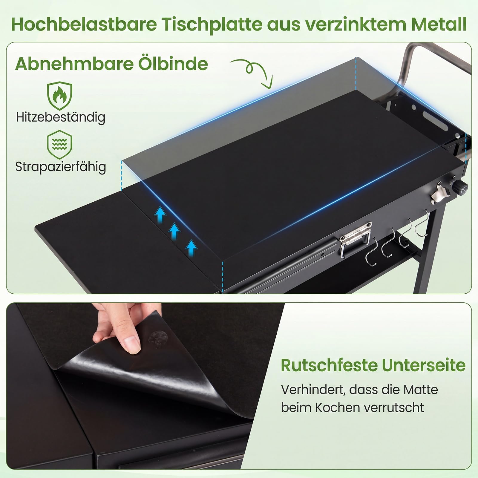 COSTWAY Grillwagen Outdoor, Grilltisch klappbar, Pizzatisch mit Seitentisch | Servierwagen Metall mit Rollen, Arbeitsfläche, Haken, Grill Beistelltisch wetterfest, für BBQ Partys Garten, 118 x 43 x 88 cm