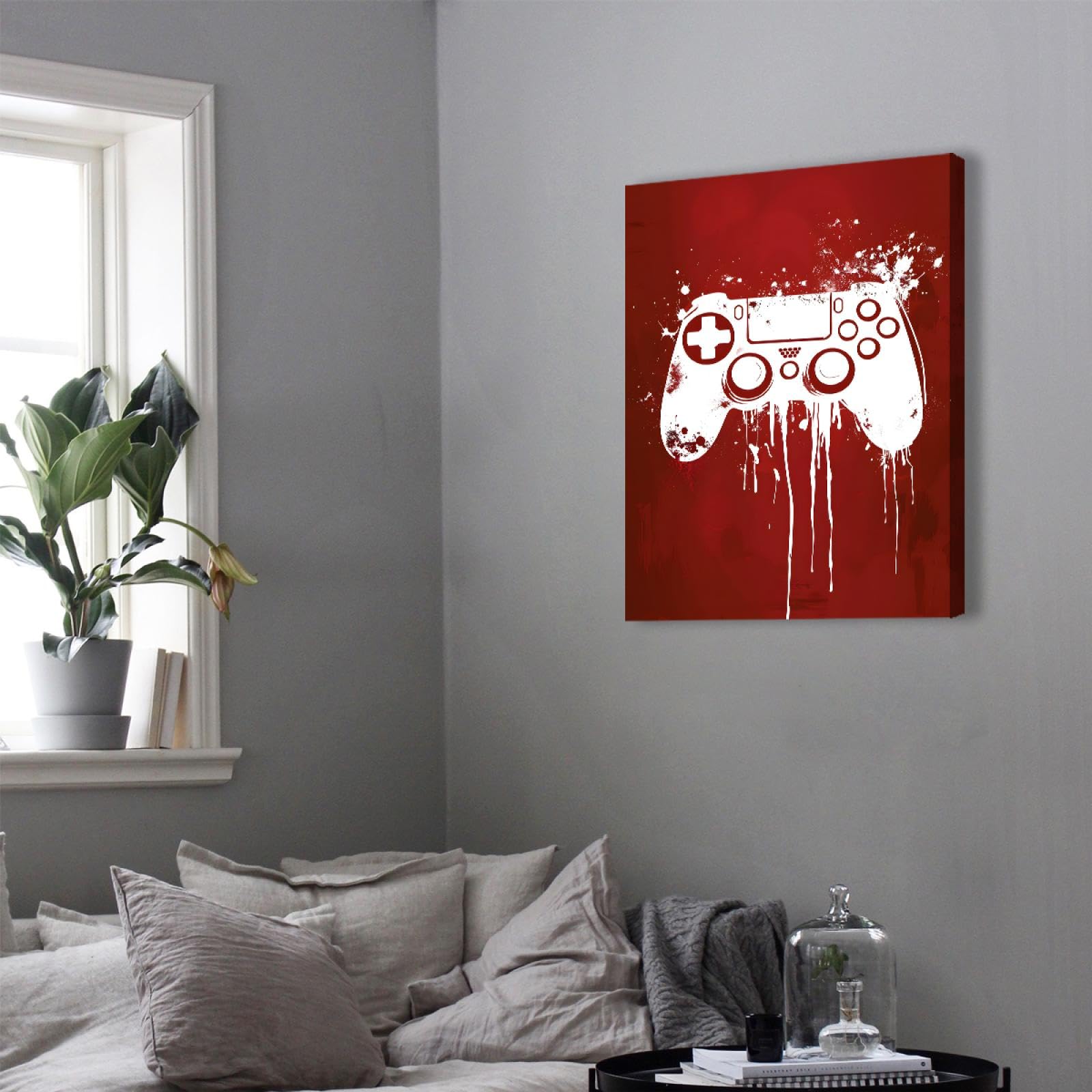 UIRINGART Nouveauté Toile Art Mural Graffiti Jeu Contrôleur Affiche Photo Blanc & Rouge Toile Oeuvre pour Salon Salle de Jeux Décoration Murale 80x110cm Cadre intérieur