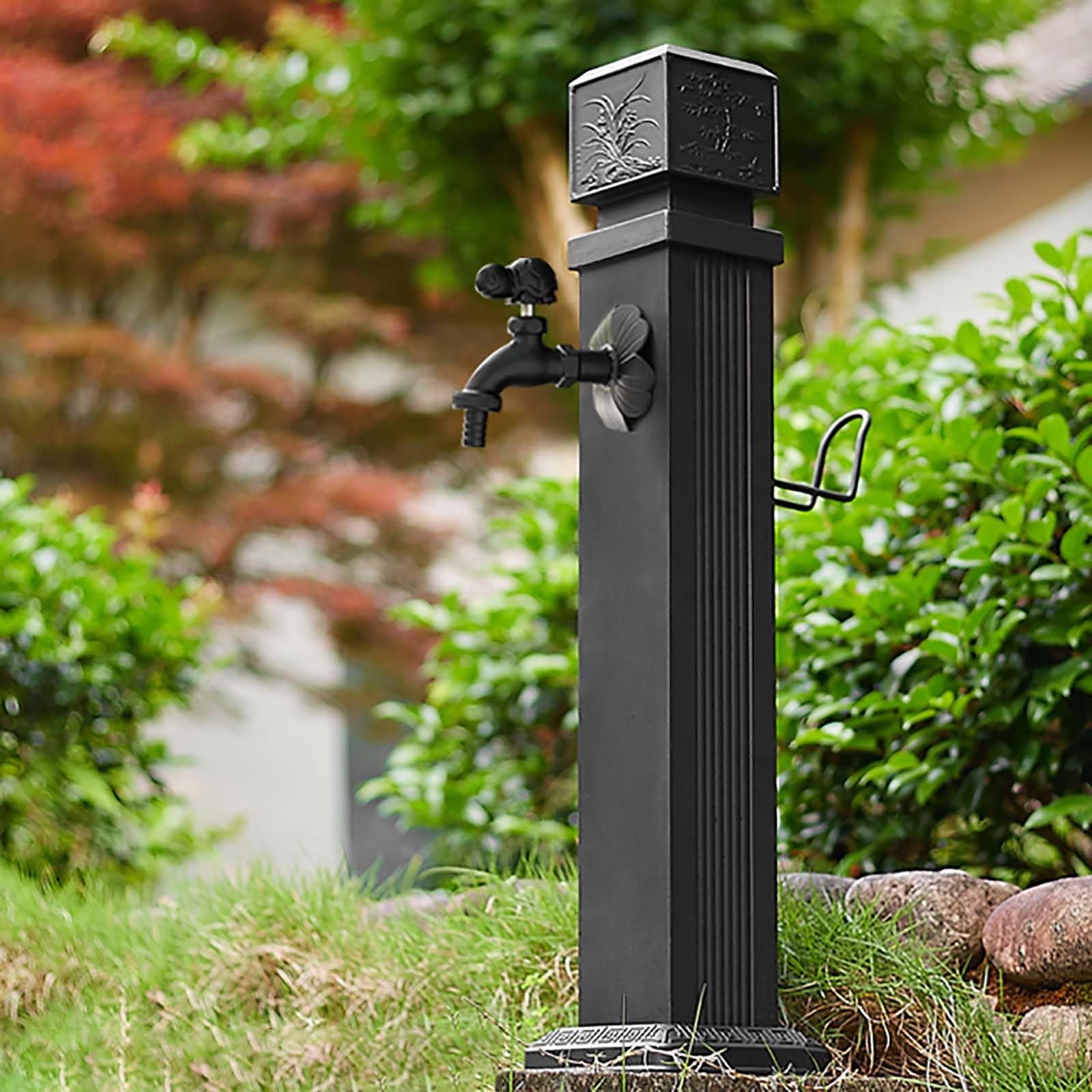WOTZOV Freestanding Garden Water Column With Copper Faucet, Square Design & Hooks For Outdoor Irrigation, Hose Stand For Easy Washing & Garden Care，Style 3 W74CM/29.1IN