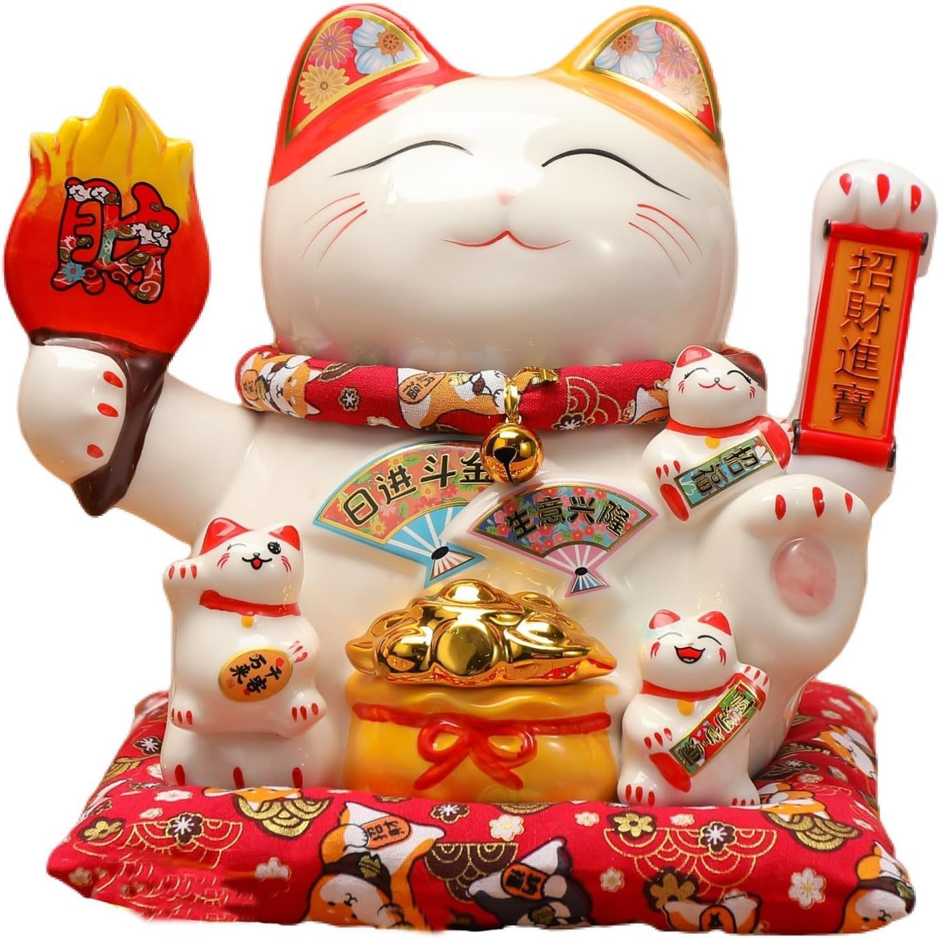 Estatua grande de gato de la suerte Maneki Neko de 9 pulgadas, gato ondulado de cerámica con lingote dorado, decoración tradicional japonesa de la fortuna, regalo blanco y rojo para