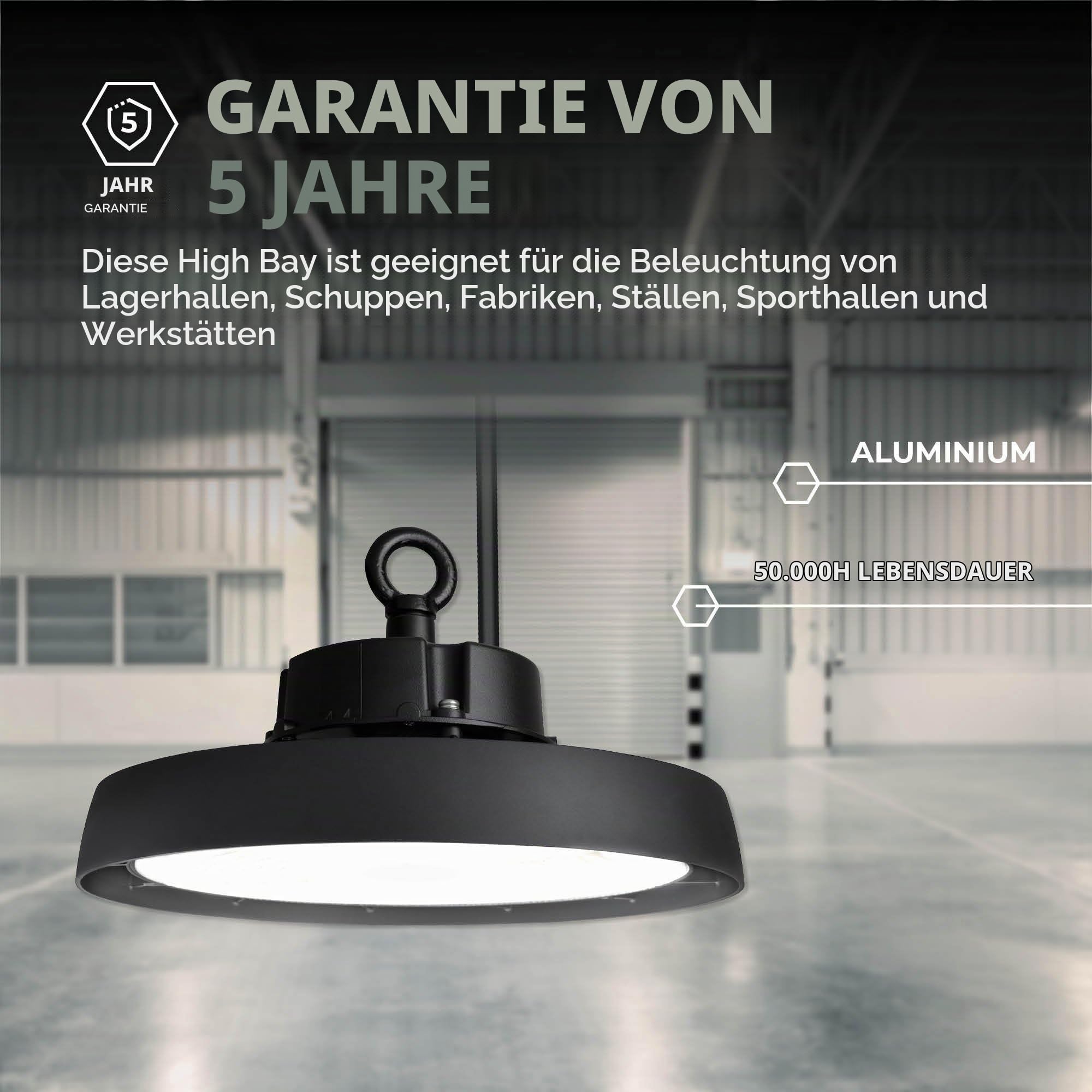 Ledvion Energieeffiziente LED-Hallenstrahler 80W, Energieklasse A, 192lm/W, 15.360 Lumen, 4000K, IP65, Dimmbar, 5 Jahre Garantie, Professionelle UFO Lampe, IP65-Zertifizierung | 192 lm/W (Klasse A), Sosen-Treiber, dimmbar, IP65
