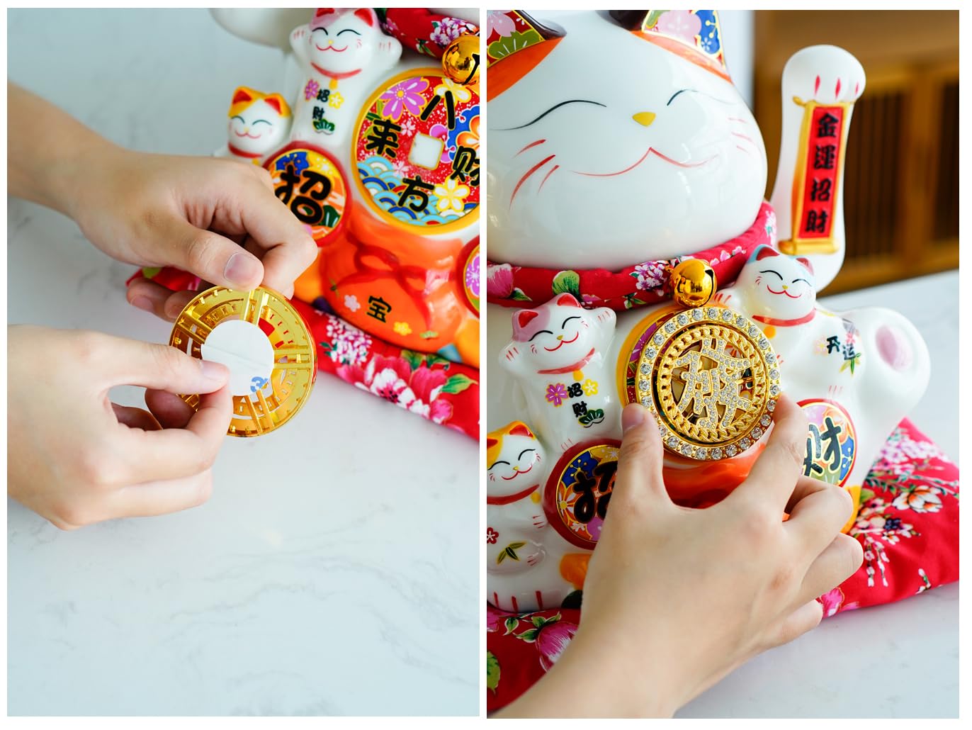 Chińska porcelana Feng Shui Machająca figurka kota na szczęście z ruchomym ramieniem Ceramiczna statuetka Maneki Neko machającego kota na szczęście do dekoracji biura domowego i sklepu Obróć ręcznie