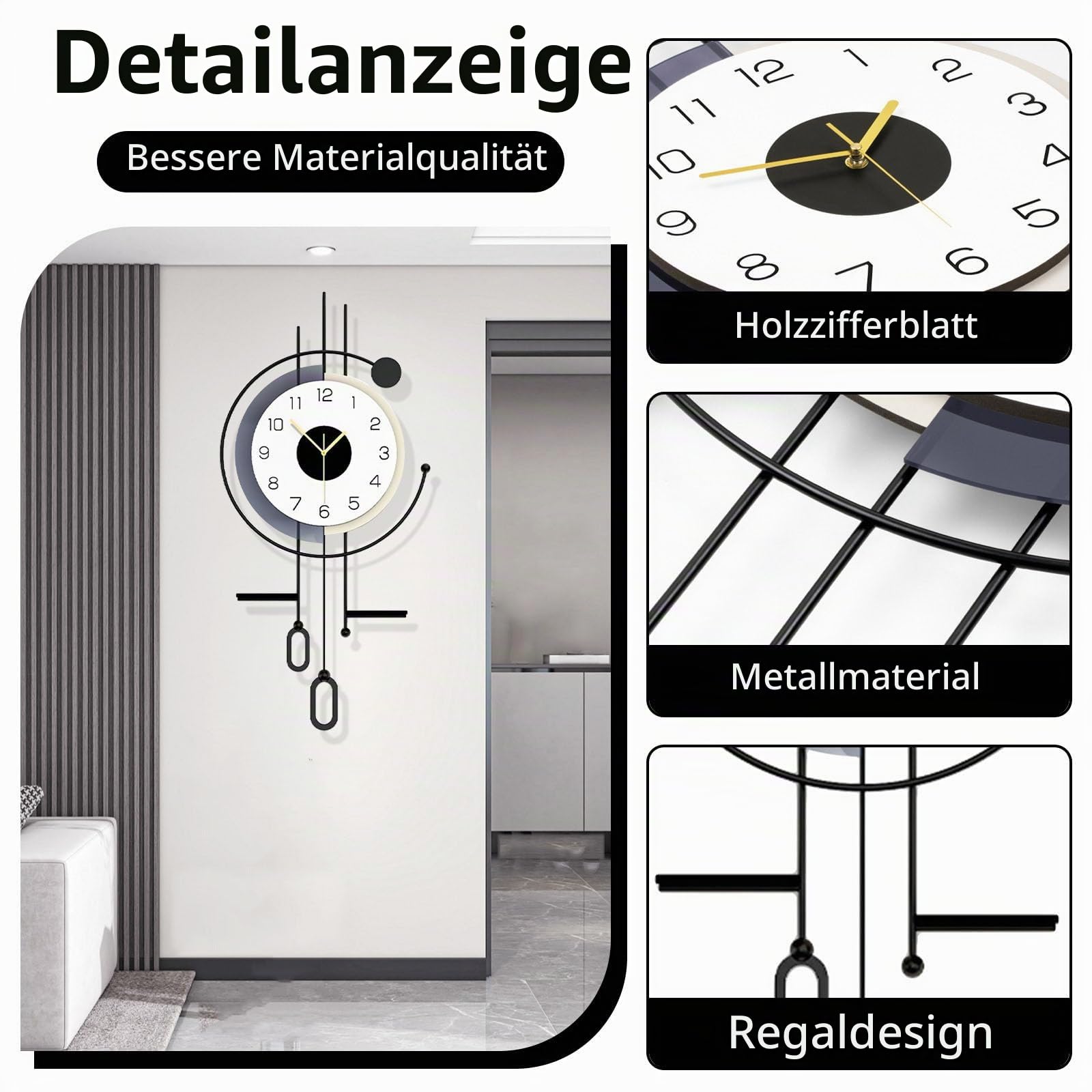 Moderne Große Wanduhr,Minimalistisch Kreativität Dekorative Wanduhren mit Ablagetisch, Metall stille Wanduhren für Wohnzimmer, Küche, Schlafzimme