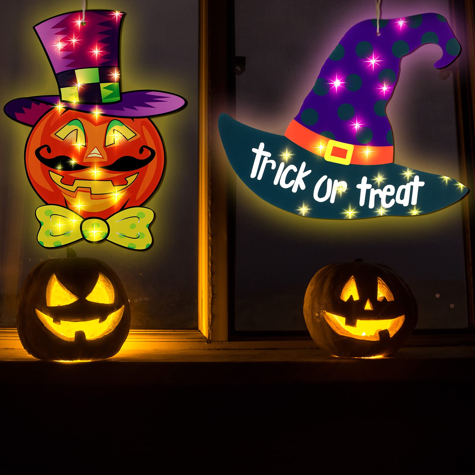 Photo 1 of (pack of 3) 2 Pieces Halloween Window Lights Halloween Decorations Owl Pumpkin Witch Hat Window Silhouette Light up Happy Halloween Sign with 20 LED Light for Party Home Ornament 13.8 Inch (Pumpkin)