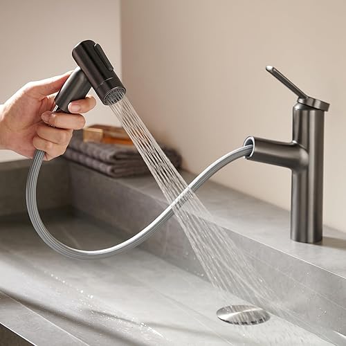 Grifo de baño con rociador extraíble, grifo de lavabo de baño de un solo agujero, cromado de una sola manija, grifo de tocador con boquilla