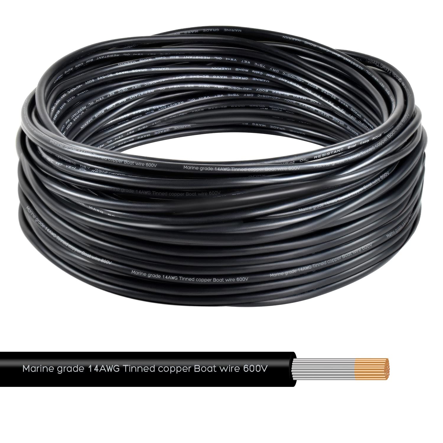 14 Gauge Marine Grade Primary Wire Tinned Copper Boat Cable, 30 feet 14 AWG Standard OFC Oxygen Free Copper Wire for Marine Automotive Boat RV Camper Trailer Outdoor Black
