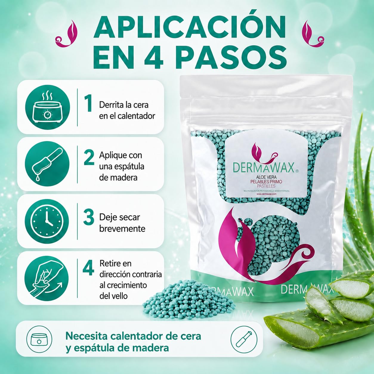 Perlas de Cera Aloe Vera 1 kg Profesional – Cera Depilatoria Sin Bandas para Piel Sensible, Brasileña, Facial y Corporal – Dermawax