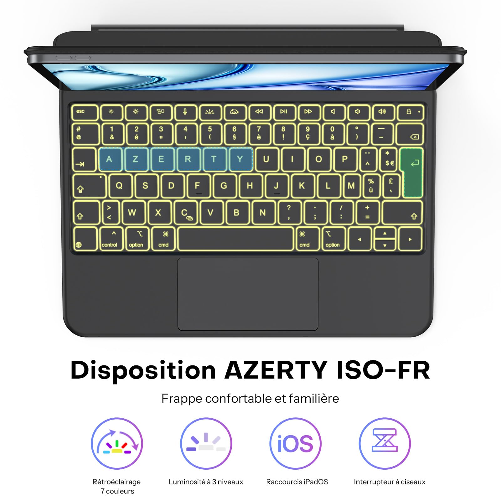 OMOTON - Funda con teclado para iPad Air 11 (M3/M2, 2025/2024)/Air 5/4 con Trackpad, Magic Keyboard para iPad Pro de 11" (4/3/2/1 Gen) francés AZERTY ISO-FR, 7 colores retroiluminados, portátil, negro