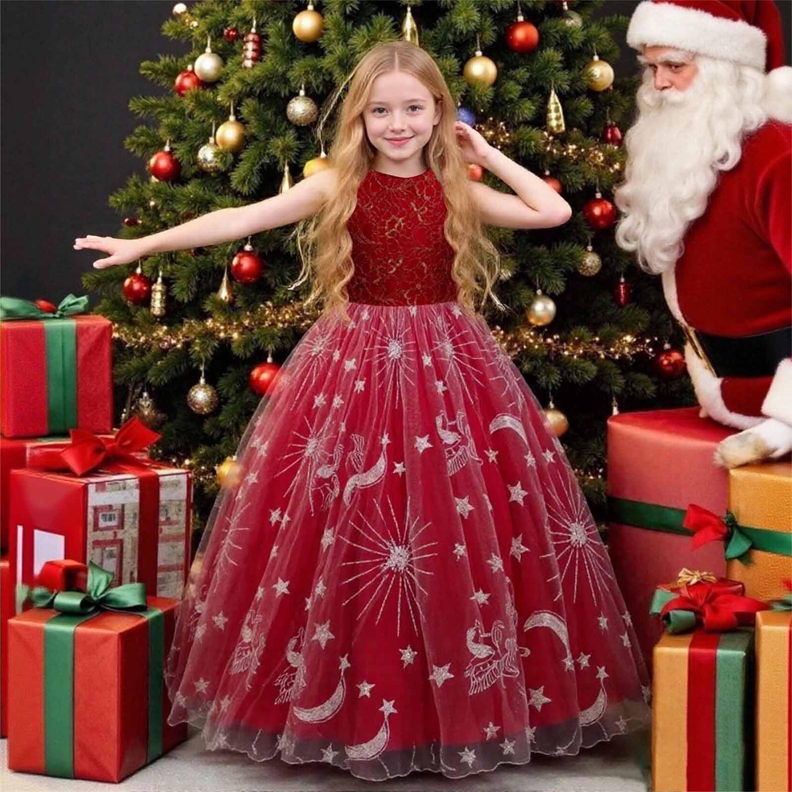 Générique Robe Rouge Noel Enfant Habillée Hiver Chic Ronde Pas Cher pour Les Fetes De Le Costume du Pere Tenue Fête Noël Bandeau Fille Déguisement Père Chapeau Bebe