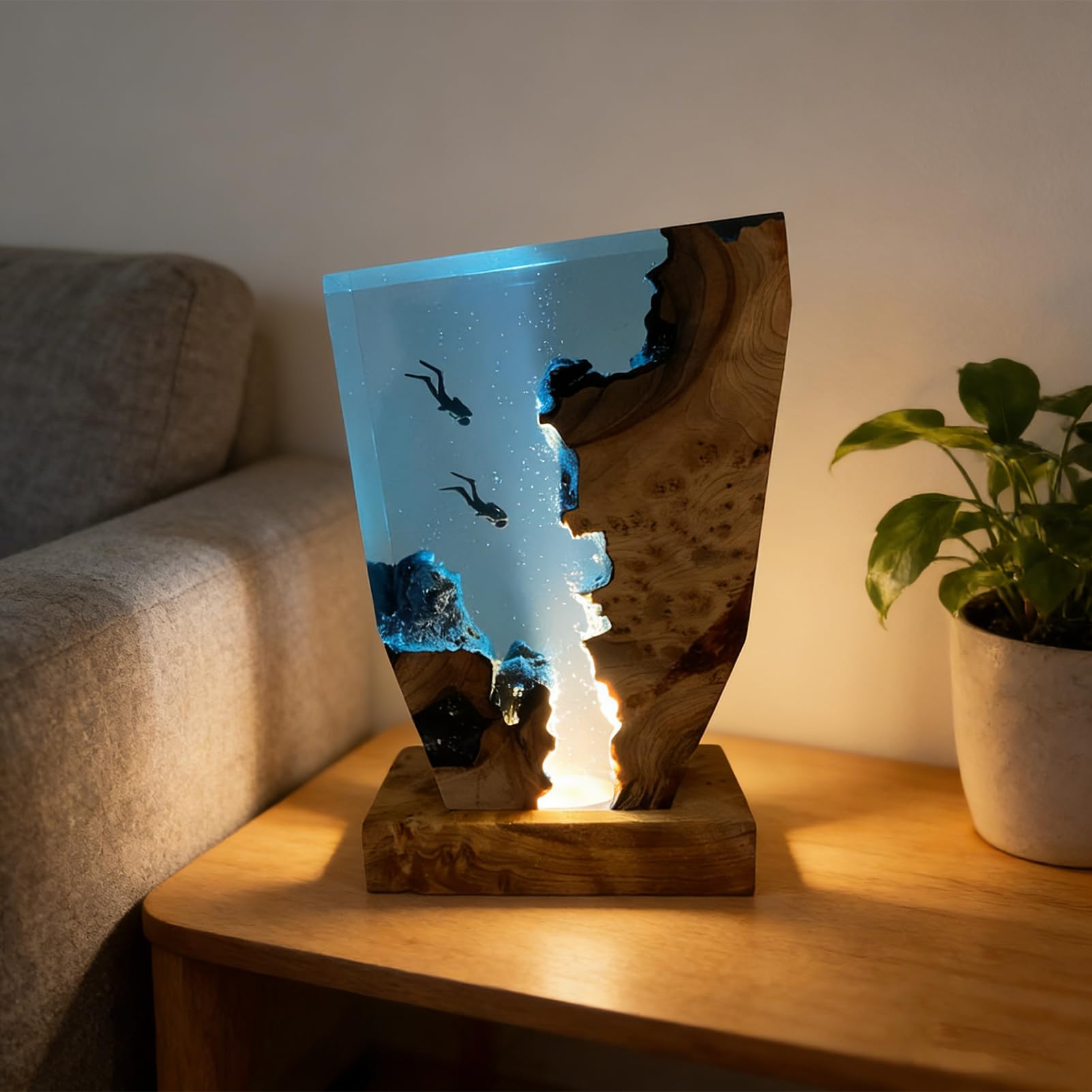 Marine Statue Dekoration Lampe,Harz-Ozean-Lampe,3D Ozean Figur Harz Statue Ornamente mit Holzsockel,Tiefsee-Höhlentauchen-Nachtlicht für Zuhause,Deko Weihnachten Geburtstag Geschenke (8*5in)