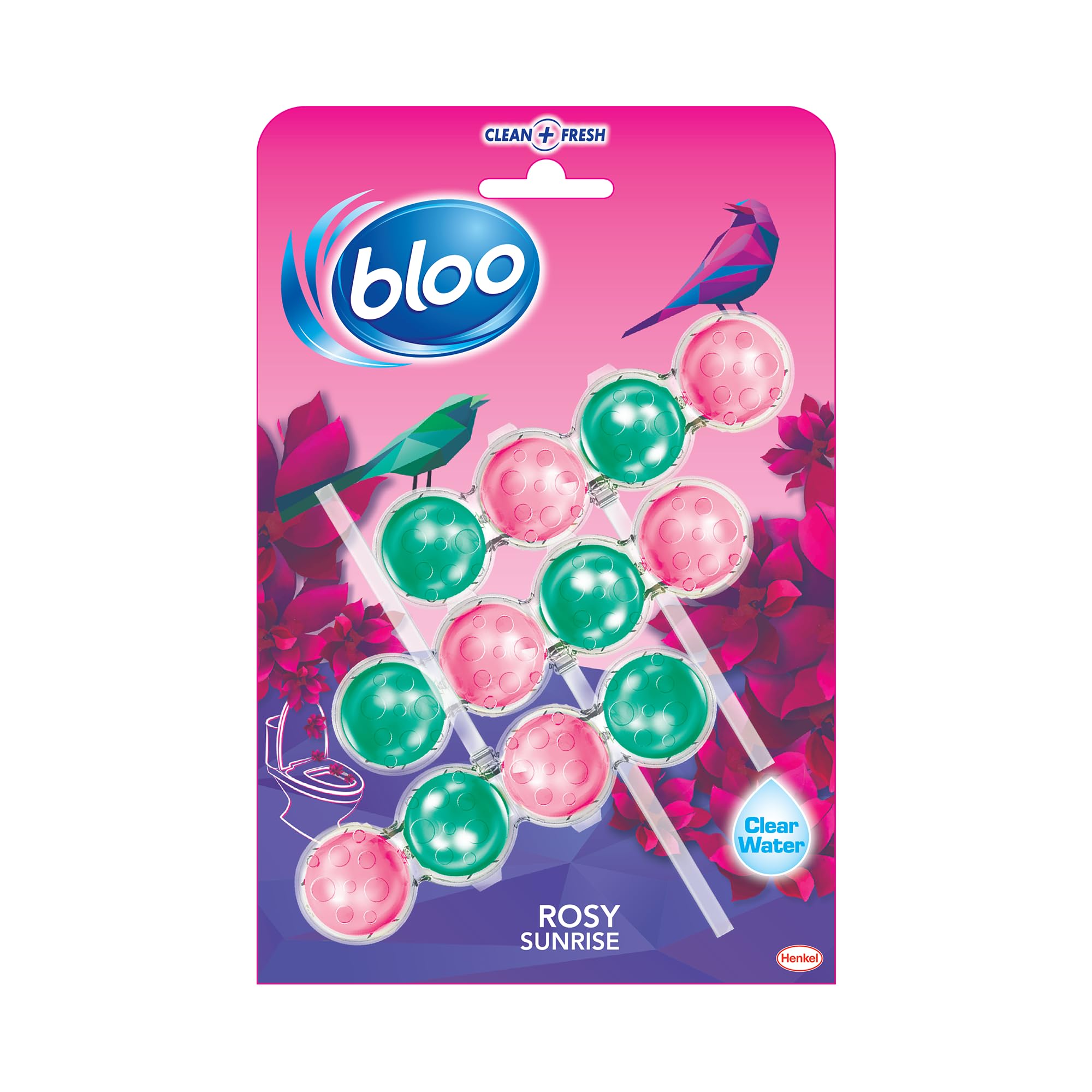 BlooLimited Edition Rose Power Active Clear Water Toilet Cleaner Rim Block with Anti-Limescale, Cleaning Foam, Dirt Protection and Extra Freshness, 3 x Toilet Blocks