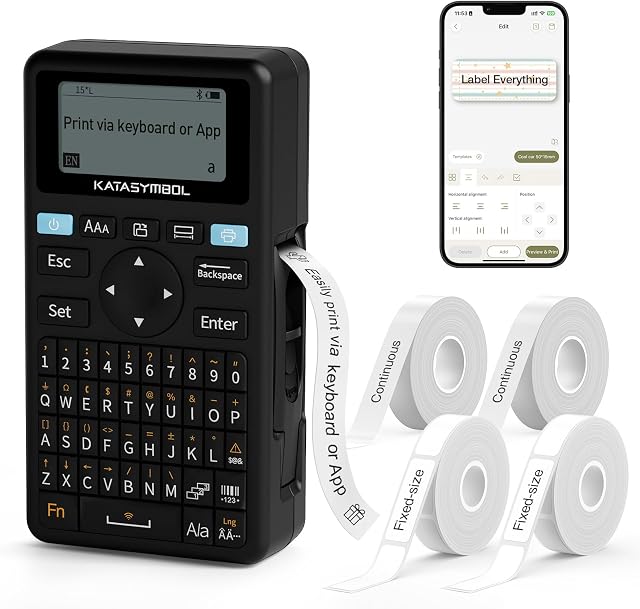 SUPVAN E11 Machine Bluetooth Label Maker avec 4 Rubans, clavier de soutien & Appli avec 30+ Polices et 660+ Icônes, Labeler sans encre rechargeable pour la maison, cuisine, bureau, école, organisation, noir