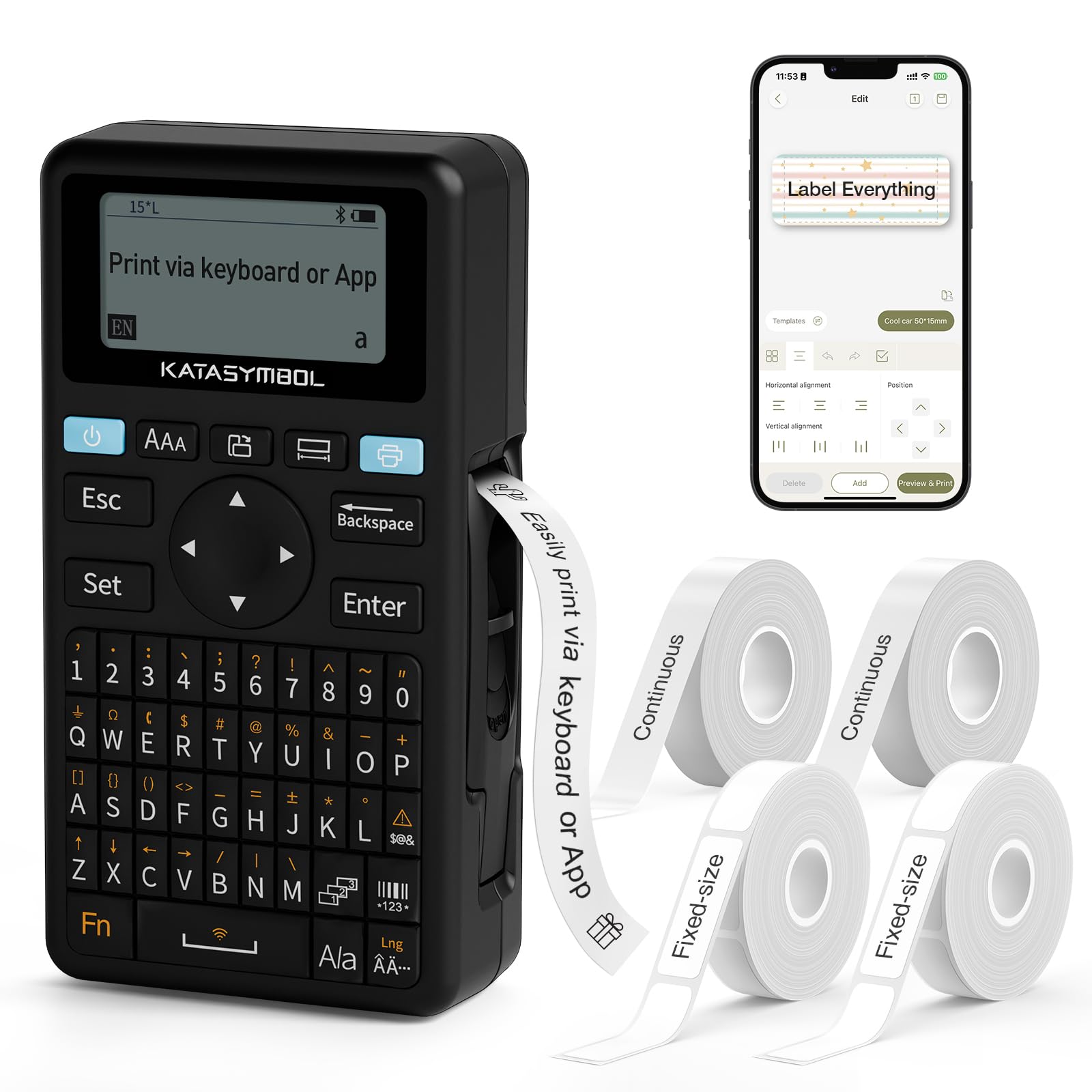 SUPVAN E11 Bluetooth Label Maker Machine with 4 Tapes, Support Keyboard & App with 30+ Fonts and 660+ Icons, Rechargeable Inkless Labeler for Home, Kitchen, Office, School Organization, Black