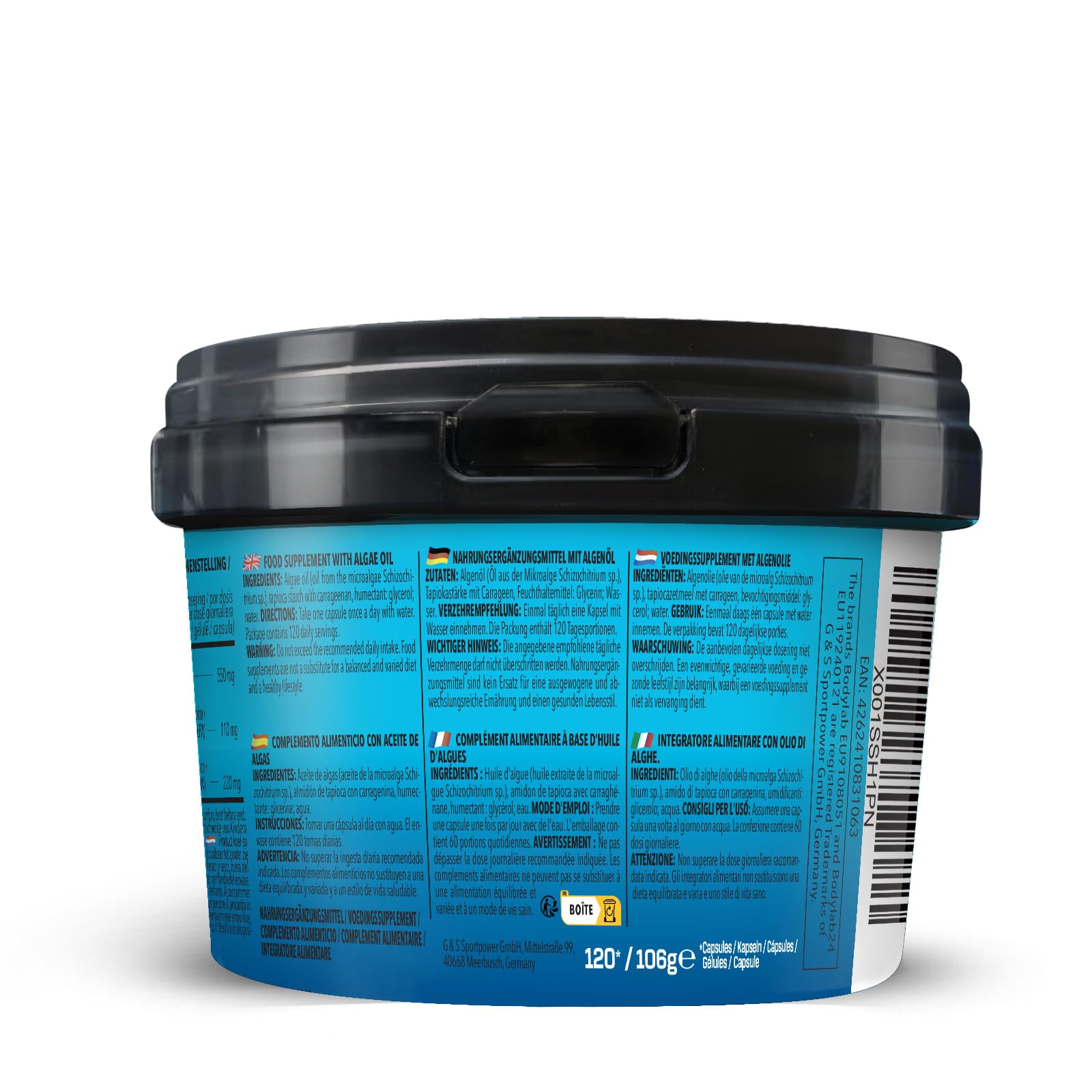 Bodylab24 Vegan Omega-3 120 Kapseln, aus Algenöl gewonnen, mit 110mg EPA und 220mg DHA pro Kapsel, 100% vegan, ohne künstliche Zusatzstoffe, enthält 120 Tagesportionen