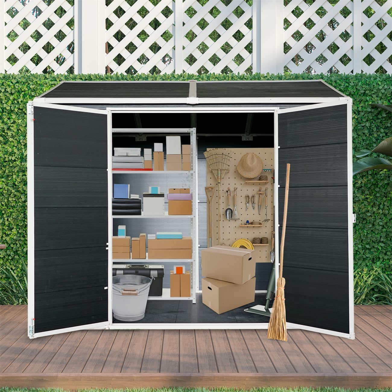 Resin Outdoor Storage Shed Waterproof Shed with Floor & Two Windows & Lockable Door, Tool Shed for Garden, Patio, Backyard (Black, 8 x 6 FT)