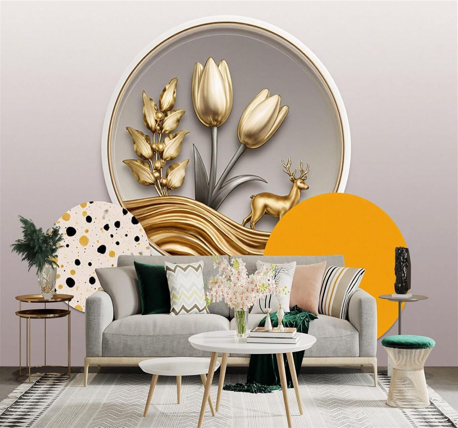 XLMING Golden Deer Tulips Abstract Circles Art 3D Wallpaper Silky Texture Home Study Office Grey Dining Room Sofa Bedroom Living Room TV Backdrop-200cm×140cm
