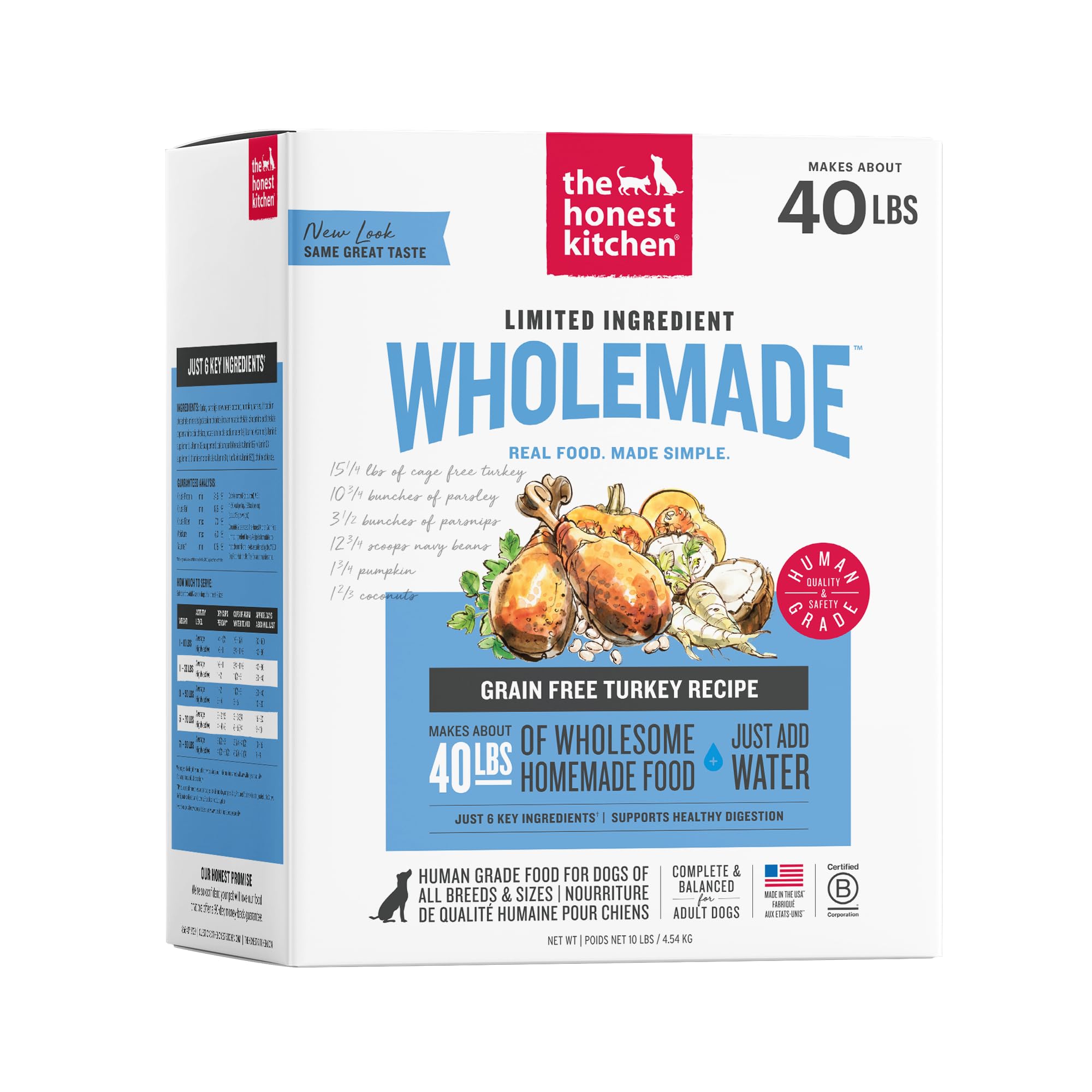 The Honest Kitchen Wholemade 6 Ingredient Grain Free Turkey Recipe, Human Grade Dehydrated Dog Food, Allergy Friendly, Digestion Support, Topper for Dry or Wet Dog Food, 10 lb Box Makes 40 lbs