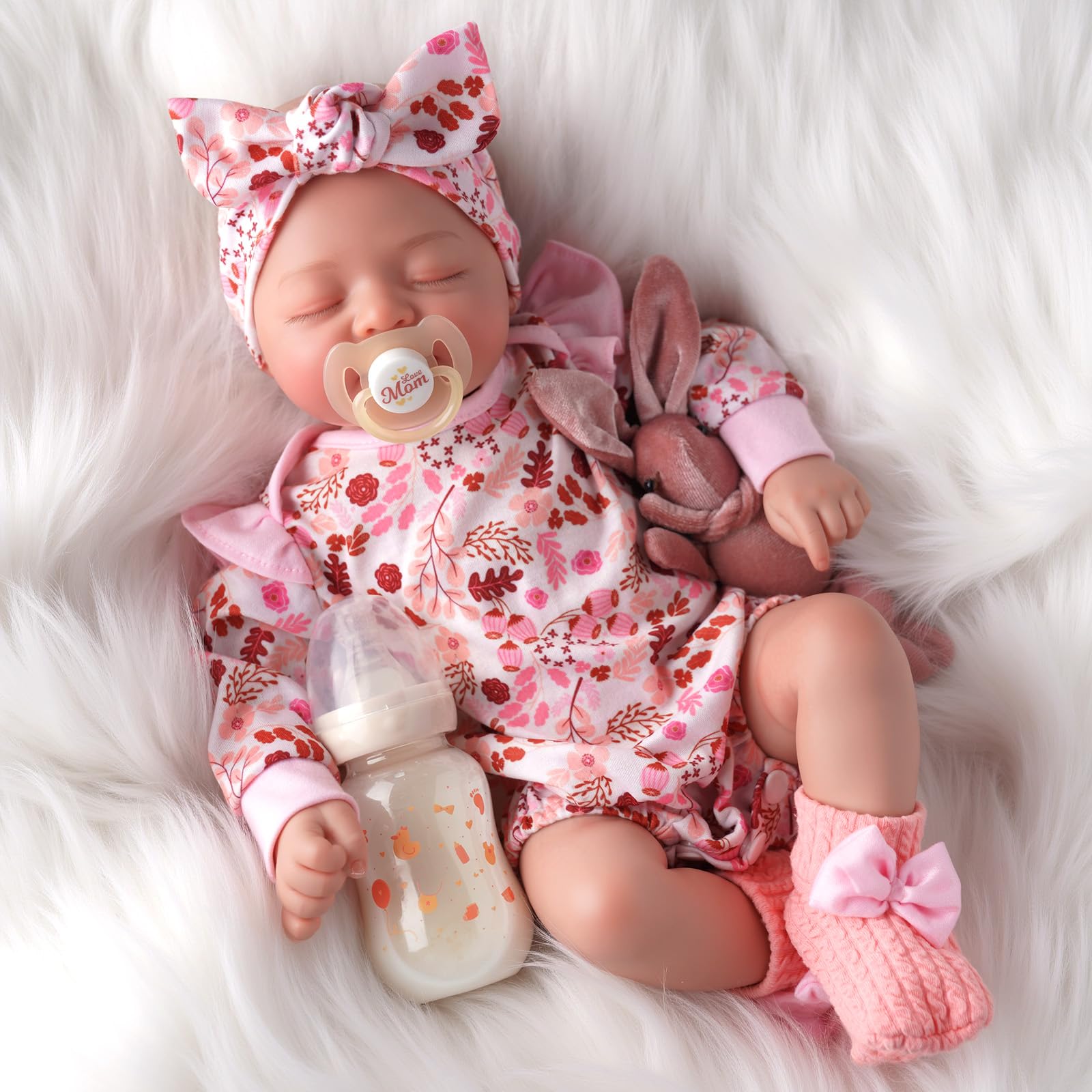 BABESIDE Lebensechte Reborn-Babypuppen 43 cm Realistische Schlafende Neugeborene-Puppe, Handgemachte echte Babypuppe mit rosa Blumenkleidung und Spielzeugaccessoires, Geschenk für Kinder ab 3 Jahren