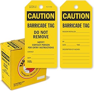 SmartSign 100-Pack Caution Barricade Tags, 2-Sided Write-On Tags in Dispenser Box, 'Do Not Remove Notify Contact Person for Entry Instructions' Tag, 6.25" x 3", 10 mil Plastic, Yellow and Black