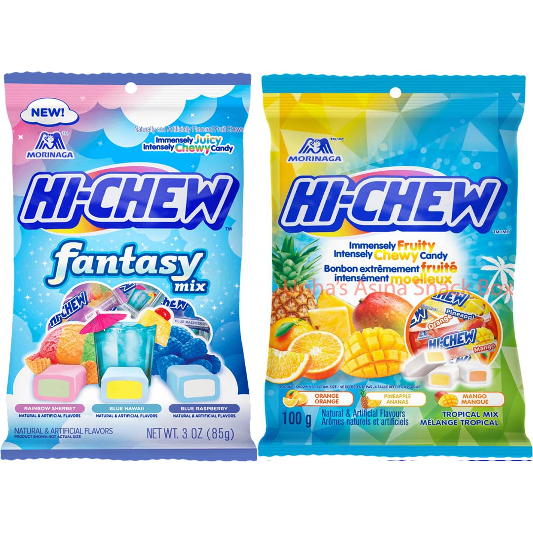 UNHA'S ASIAN SNACK BOX Hi Chew Candy 2 Different Flavors, Fantasy Mix and Tropical Mix Fruity Chewy Japanese Taffy Style Candy Variety, Pack of 2