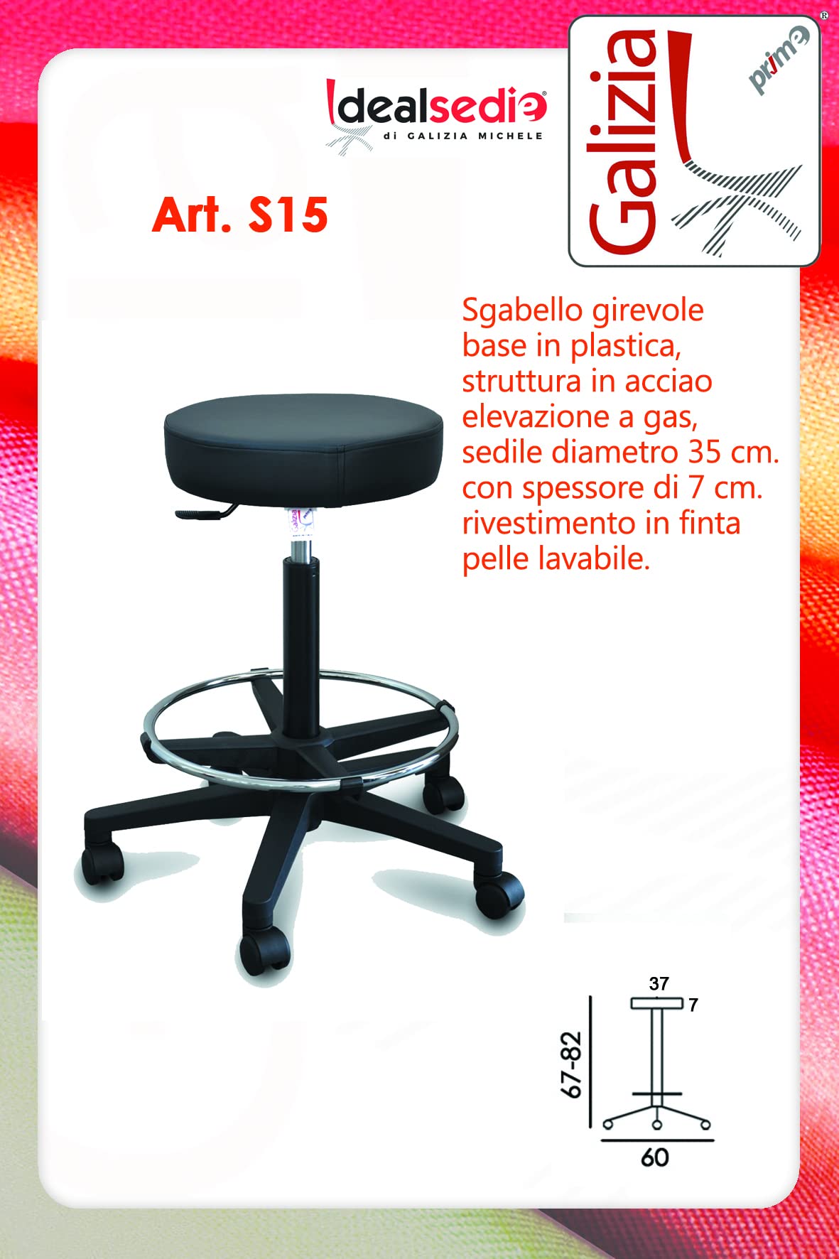 GALIZIA Sgabello da lavoro con poggiapiedi Sgabello girevole per salone estetico Sgabello per ambulatorio medico dentista, con rotelle o piedini, rotazione libera di 360°, 7 cm di imbottitura, (nero)